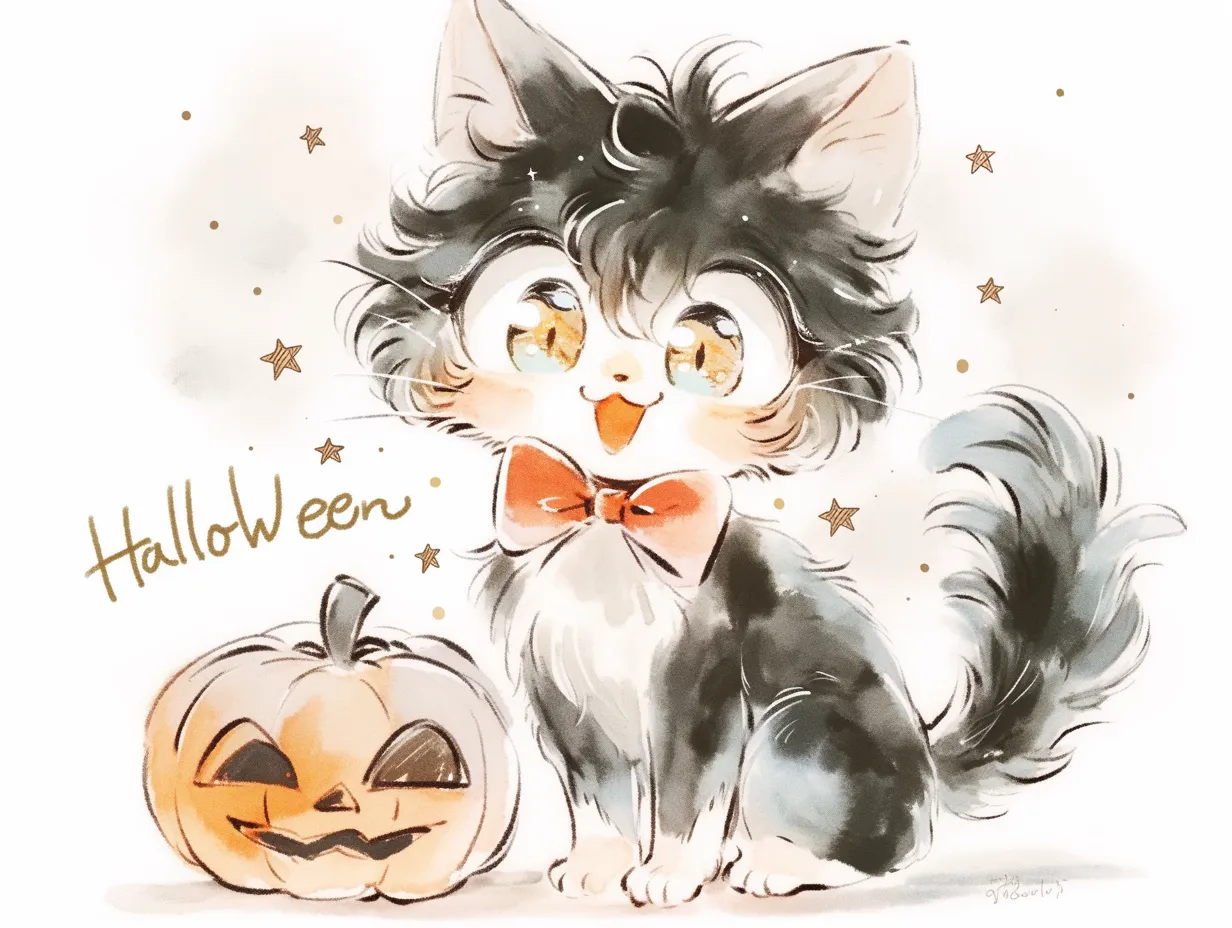 ハロウィン黒猫｜赤いリボンとくりくりした瞳がチャームポイントの黒猫が、かぼちゃと並んで笑顔を見せる一枚。背景の星や英字の配置が、ポップなハロウィンらしさを演出しています。