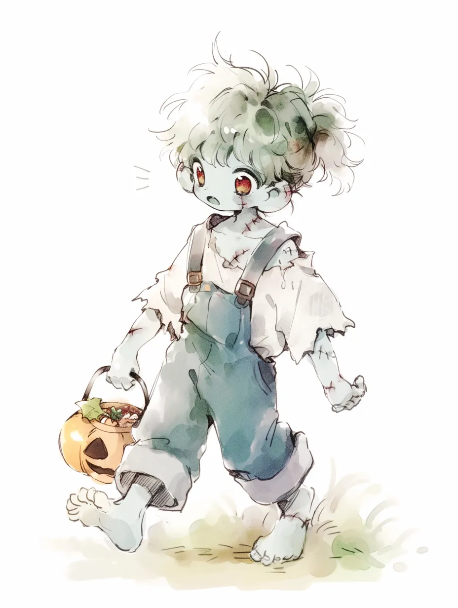 ハロウィンゾンビ｜パッチのついた服と素足のゾンビ少年が、かぼちゃのバケツを持って歩く可愛らしい場面。水彩のやわらかい線と彩度が、怖さを和らげた微笑ましいハロウィン感を演出します。