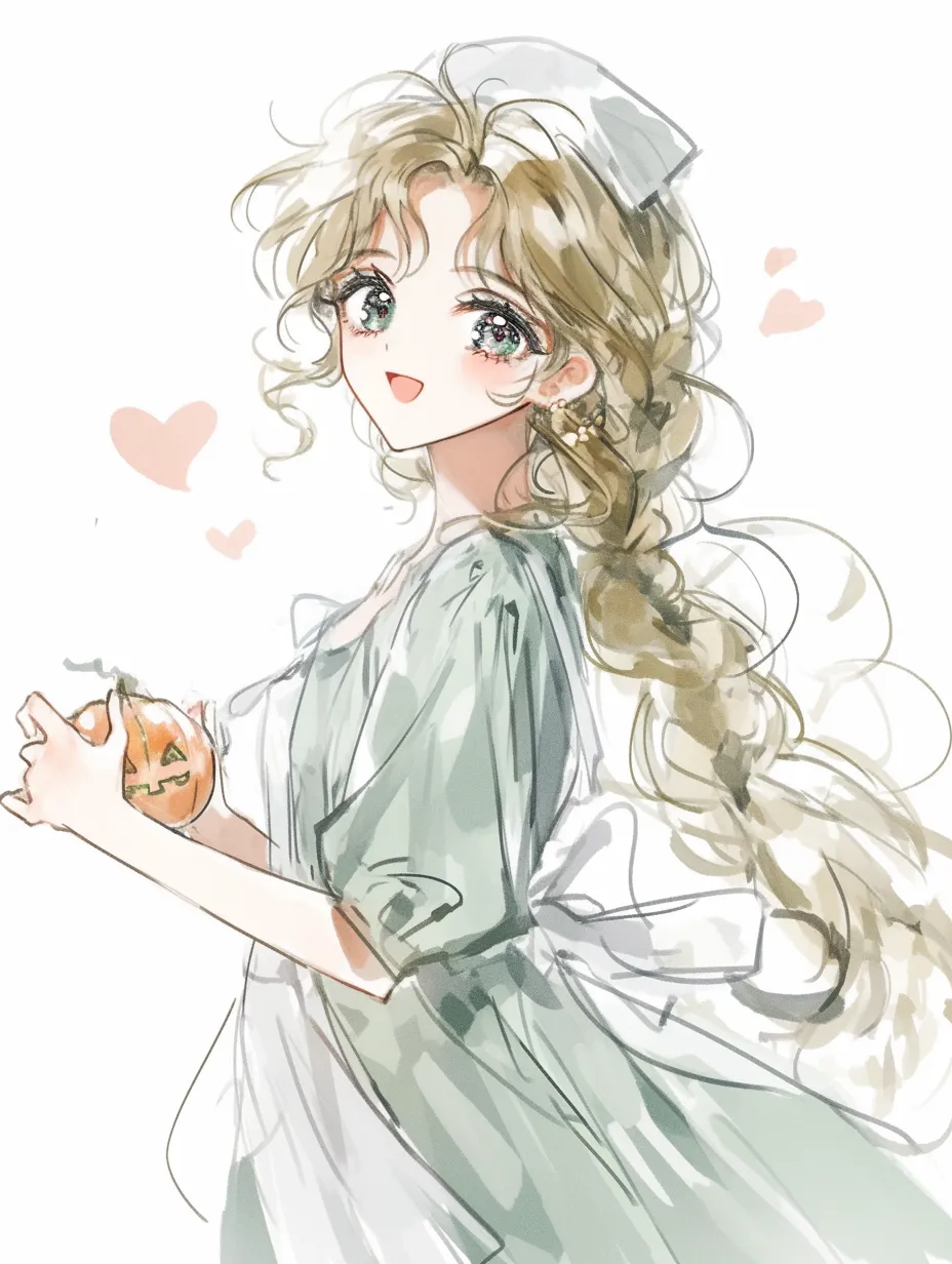 ハロウィンナース｜ジャックオーランタンを抱えたナース姿の女性が微笑む様子が描かれています。ふんわりとした髪の動きと優しいタッチが、クラシカルで親しみやすい魅力を伝えています。