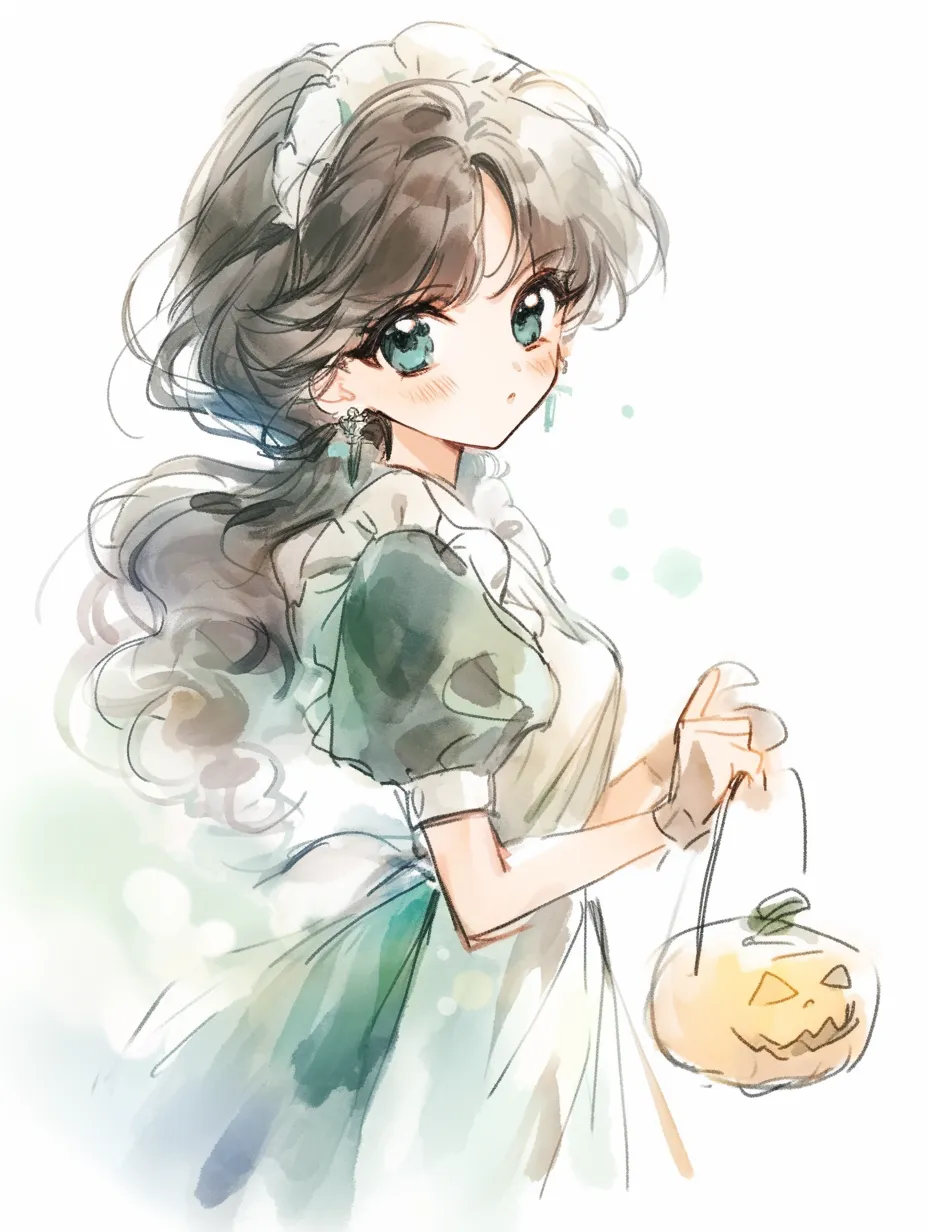 ハロウィンメイド｜かぼちゃバケツを手にしたメイド姿の女性が振り返る構図。繊細な髪の描写や柔らかな目元が印象的で、水彩の淡い色調がロマンティックな雰囲気を高めています。