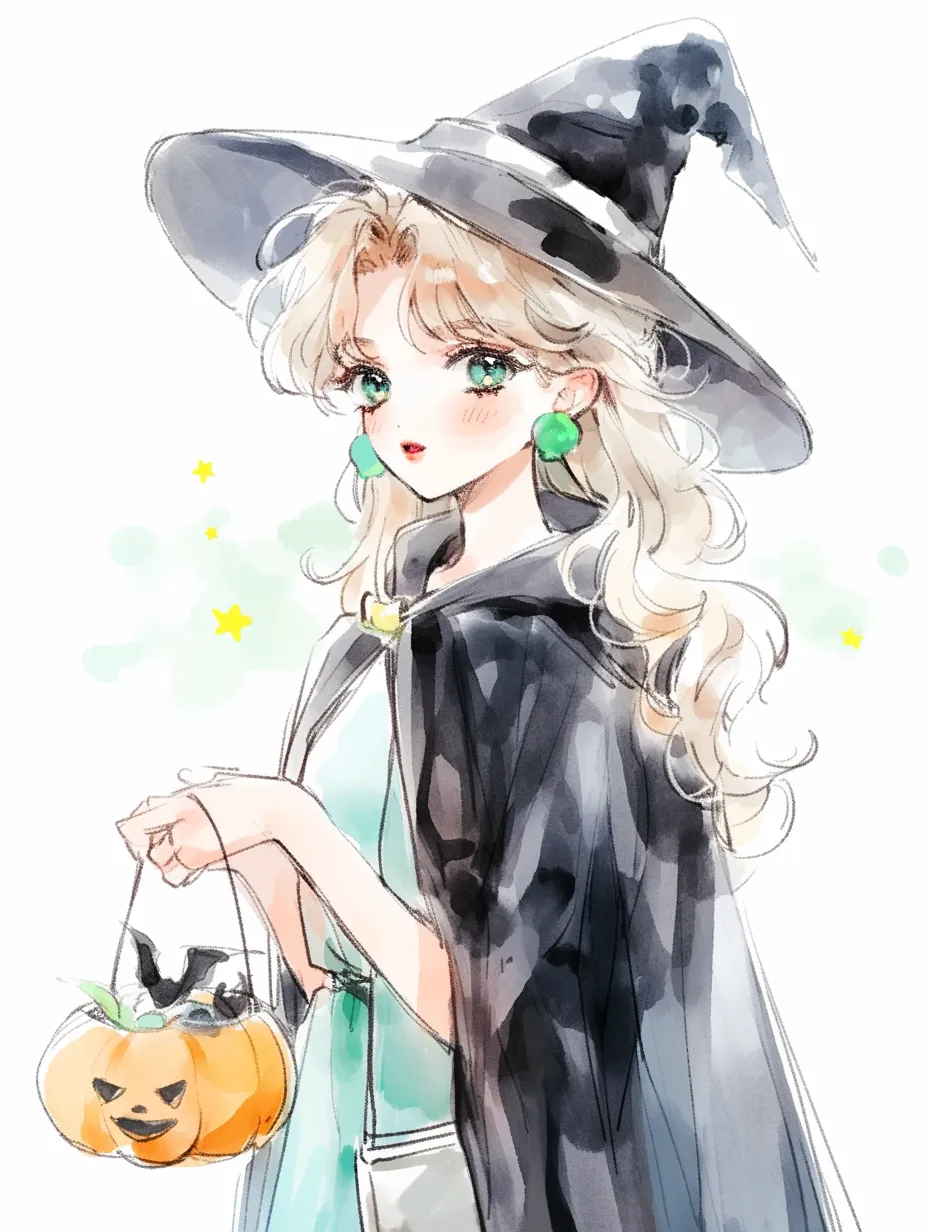 ハロウィン魔女｜大きな帽子とマント姿の魔女が、かぼちゃバケツを持ってまっすぐ前を見つめる構図。黒と緑の配色がハロウィンの正統派らしさを表現し、小物の造形も丁寧に描かれています。