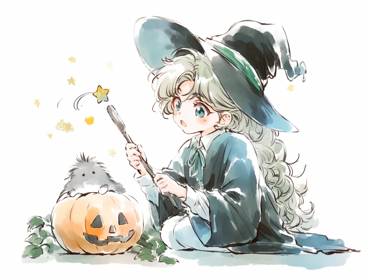 ハロウィン魔女｜星を飛ばす魔法を唱える魔女が、かぼちゃと共に座っているシーン。杖の動きと表情が生き生きとしており、髪の流れや影のつけ方にファンタジー感が丁寧に表れています。