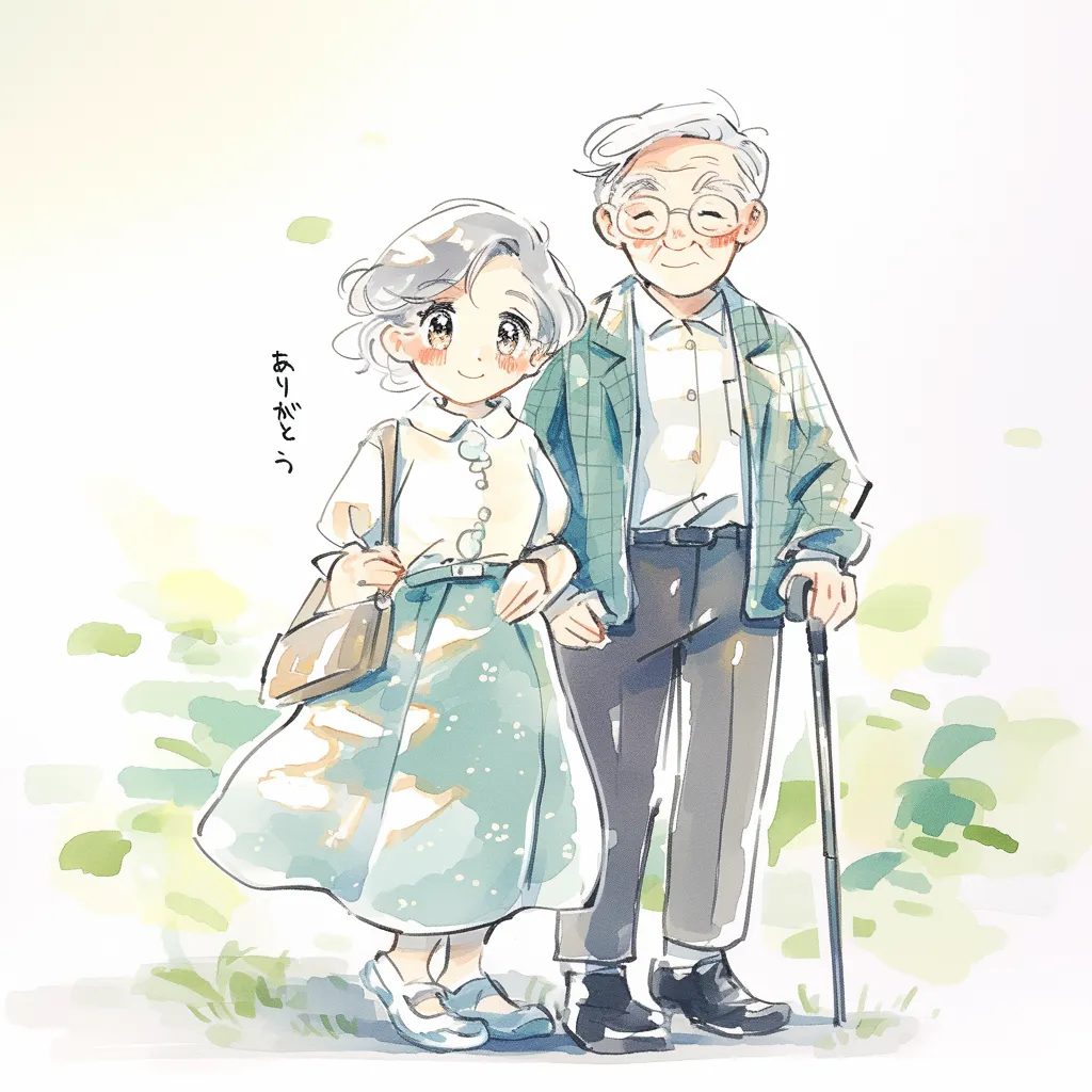 かわいい敬老の日｜笑顔の老夫婦が仲良く手を取り歩く、優しさに満ちた敬老の日のシーン。やわらかな水彩タッチと光の表現が、感謝と愛情を丁寧に伝えてくれます。