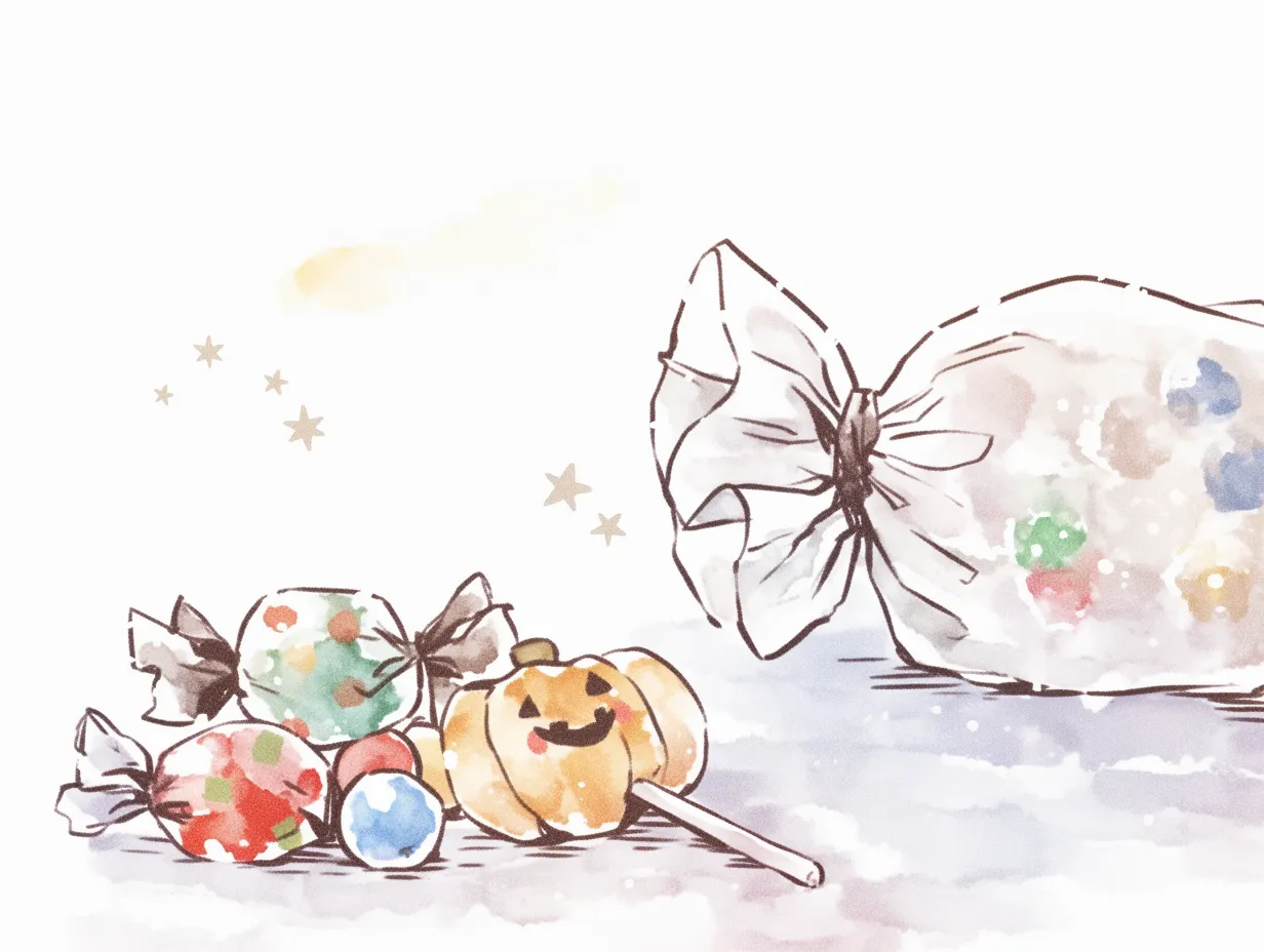 かわいいハロウィン｜カラフルなキャンディとかぼちゃ形のロリポップが並ぶ、楽しいハロウィンのワンシーン。ラッピングや色づかいの可愛らしさが、お菓子の世界観をやさしく彩っています。