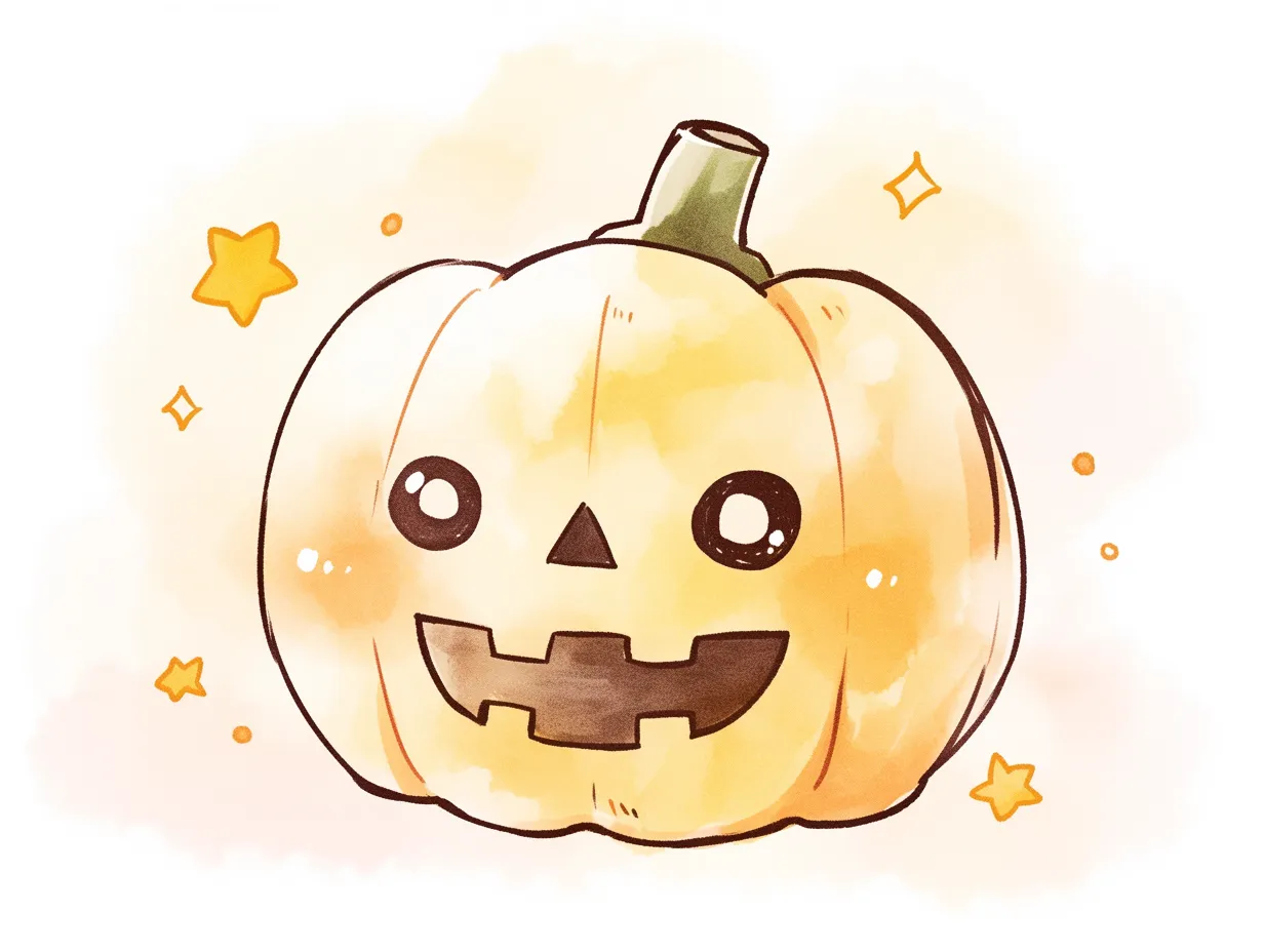 ハロウィンかぼちゃ｜にっこり笑う表情が愛らしい、キュートなハロウィンかぼちゃのイラスト。オレンジのにじみと星の装飾が、ハロウィンの楽しい雰囲気をふんわりと伝えています。
