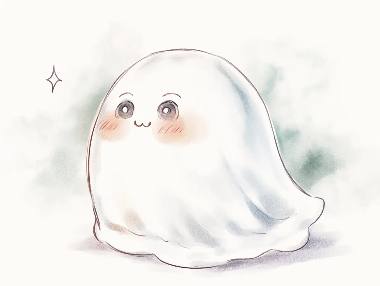 ハロウィンおばけ｜ほっぺの赤みがキュートなおばけが、微笑みながらふわりと登場。白のグラデーションと優しい陰影が、怖さよりも親しみを感じさせる仕上がりになっています。