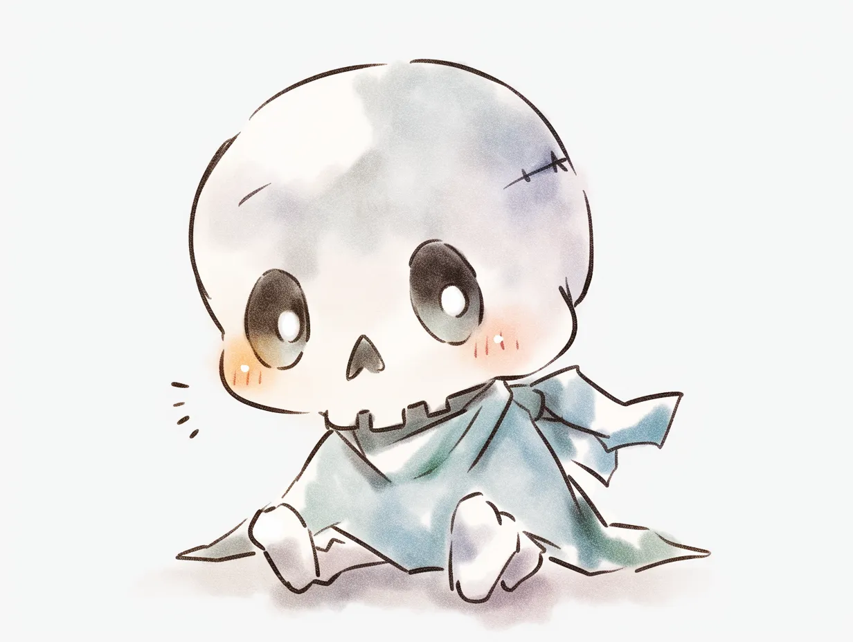 ハロウィンガイコツ｜ちょこんと座った小さなガイコツが、青いマントを身にまとってこちらを見つめる姿が印象的。丸い輪郭と照れたような頬の赤みが、ハロウィンらしさと可愛さを絶妙に調和させています。