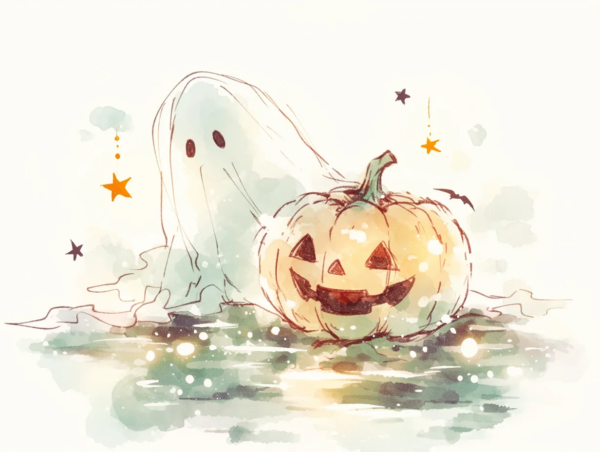 ハロウィンジャックオーランタン｜かぼちゃのジャックオーランタンとおばけが並ぶ幻想的な場面。水彩で描かれた光の粒や星が、ハロウィンらしいちょっぴり不思議な夜の雰囲気を優しく包み込んでいます。