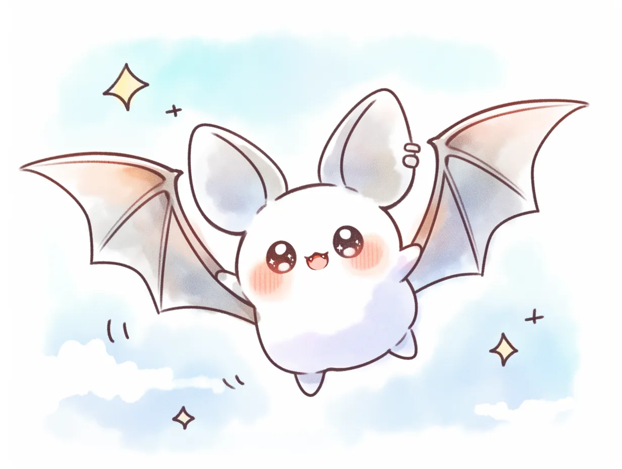 ハロウィンコウモリ｜まんまるな目と赤いほっぺが特徴のコウモリが元気に空を舞う姿が描かれています。羽の内側の色のにじみや空の表現が、全体を明るく楽しいハロウィンに仕上げています。