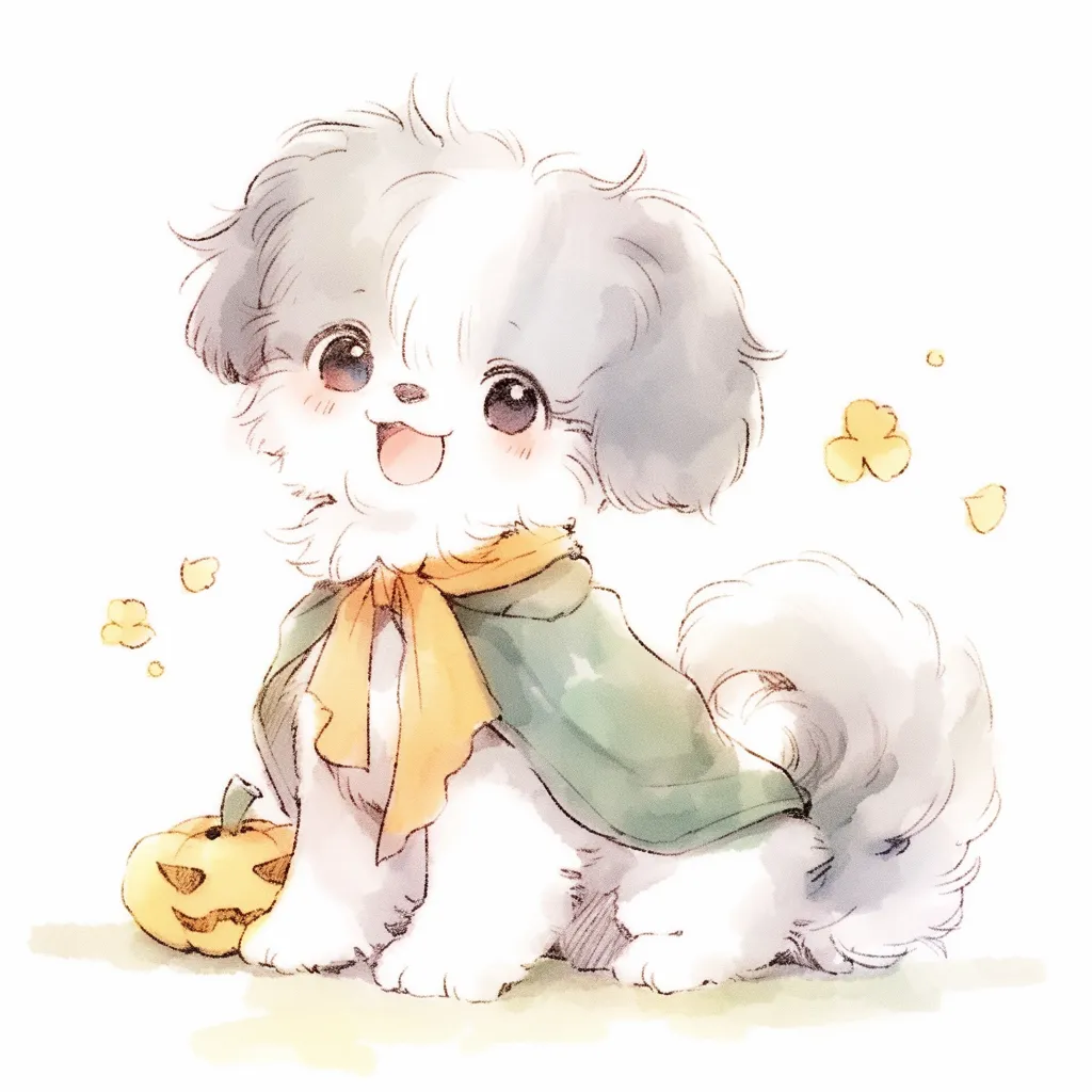 ハロウィン犬｜マントをまとったふわふわの犬がかぼちゃと一緒に笑顔を見せる姿が魅力的。優しいタッチとあたたかな色彩が、ハロウィンのわくわくした空気を柔らかく伝えてくれます。