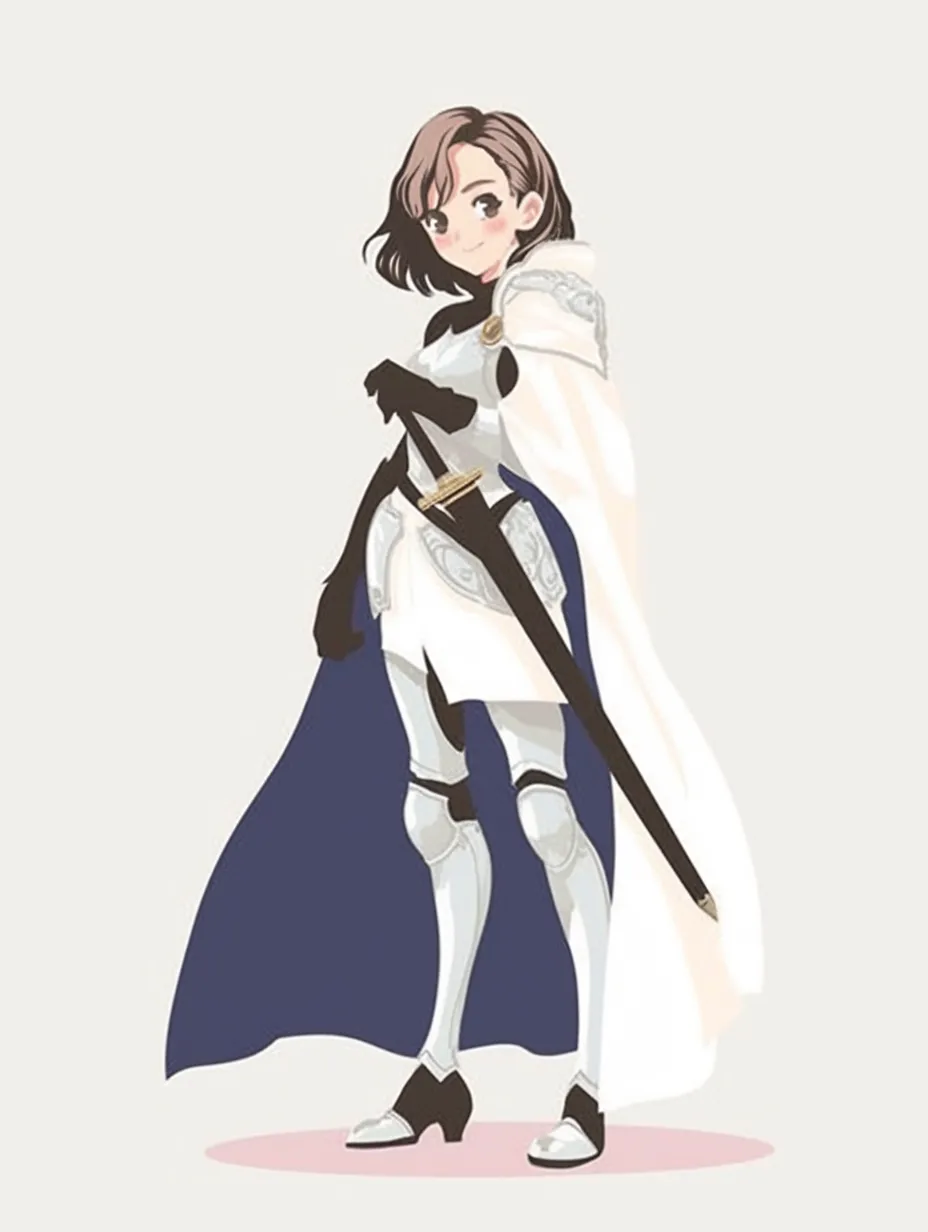 優雅な装いの女騎士｜白と紺を基調とした洗練されたデザインの女騎士。流れるようなマントと上品な笑顔が、優雅でありながらも戦う意志を感じさせる。