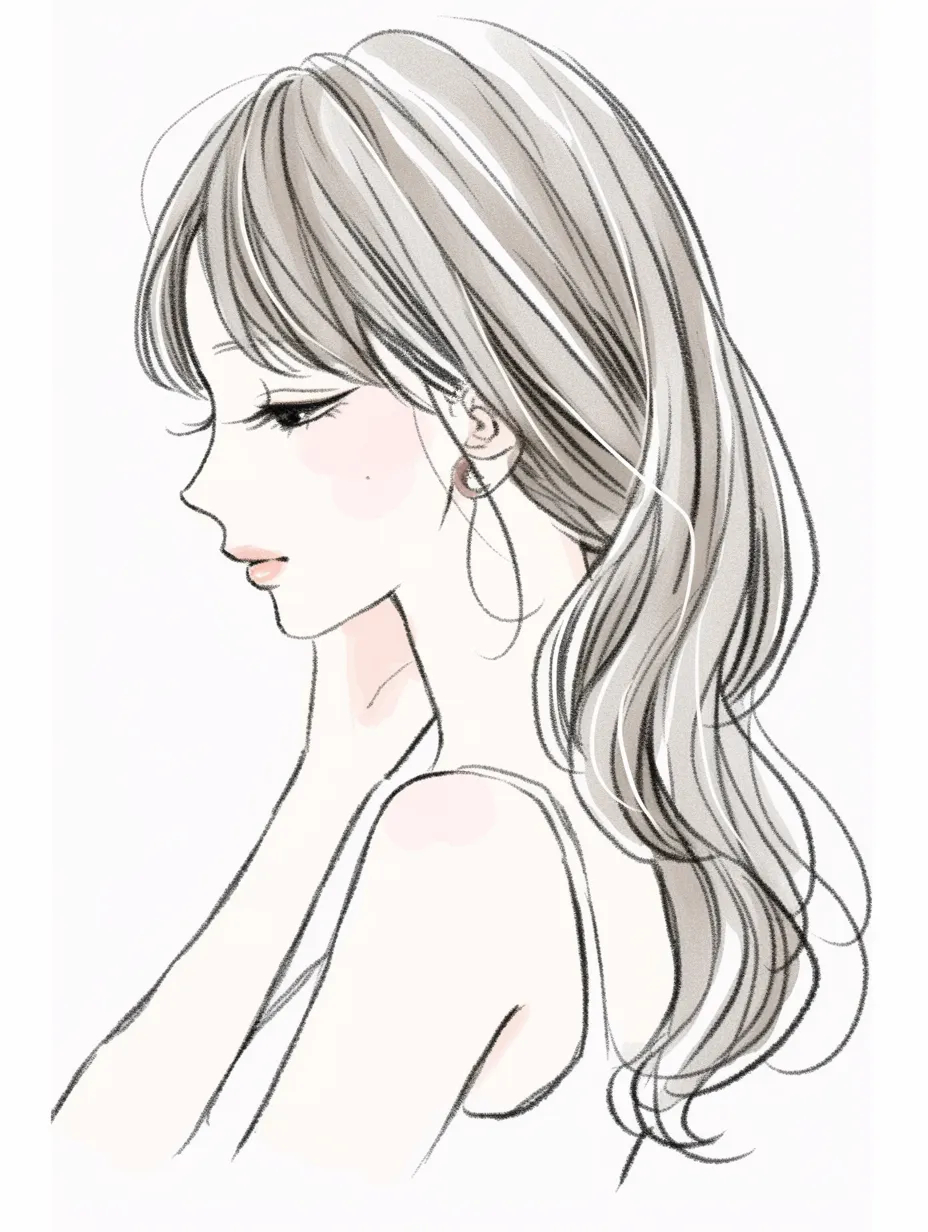 シルバーヘアのスタイリッシュ横顔女性｜柔らかいグレーの髪色と流れるようなラインが美しい女性。モダンで洗練された印象を持ち、エレガントな横顔女性としての魅力が際立つデザイン。