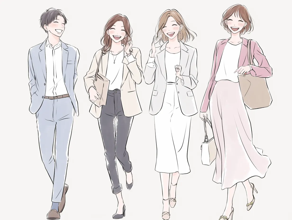 仲良し四人組のスマートな散歩｜洗練されたファッションと落ち着いた色合いが際立つイラスト。スーツやジャケットをまとい、大人の余裕を感じさせる仲良し四人組の姿が描かれている。都会的な雰囲気が漂い、上品でスタイリッシュな友情の表現が魅力的。