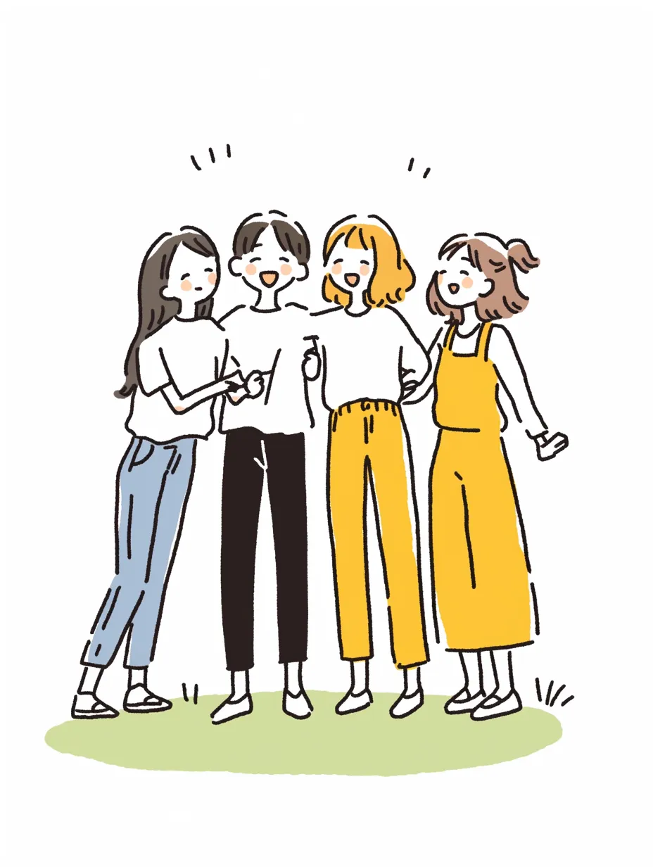 仲良し四人組の温かなひととき｜親しみやすいシンプルな線と落ち着いた色使いが特徴のイラスト。カジュアルな服装の仲良し四人組が肩を寄せ合い、笑顔で会話を楽しむ温かみのある雰囲気が魅力的。自然体な友情を感じさせるデザイン。