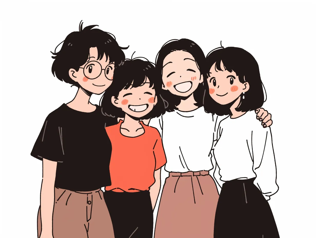 笑顔の女子グループ仲間｜柔らかなタッチと温かみのある色合いで、親しみやすい女子グループが描かれている。ナチュラルな笑顔とリラックスしたポーズが、安心感を与える仲間の絆を表現している。