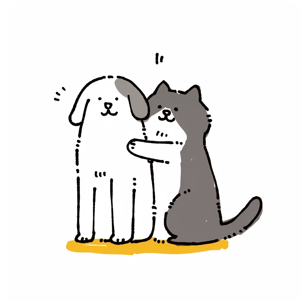 抱きしめる猫と犬・犬猫仲良し｜猫が犬にそっと寄り添い、優しく抱きしめるイラスト。シンプルながらも表情に温かみがあり、犬猫仲良しの深い絆を感じさせる柔らかいデザイン。