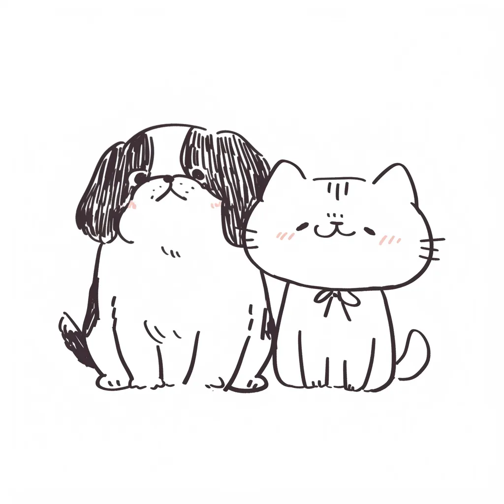 手描き風の犬と猫・犬猫仲良し｜シンプルな手描き風のタッチで描かれた犬と猫のイラスト。線の柔らかさが特徴的で、犬猫仲良しな関係を自然体で表現した温もりのあるデザイン。