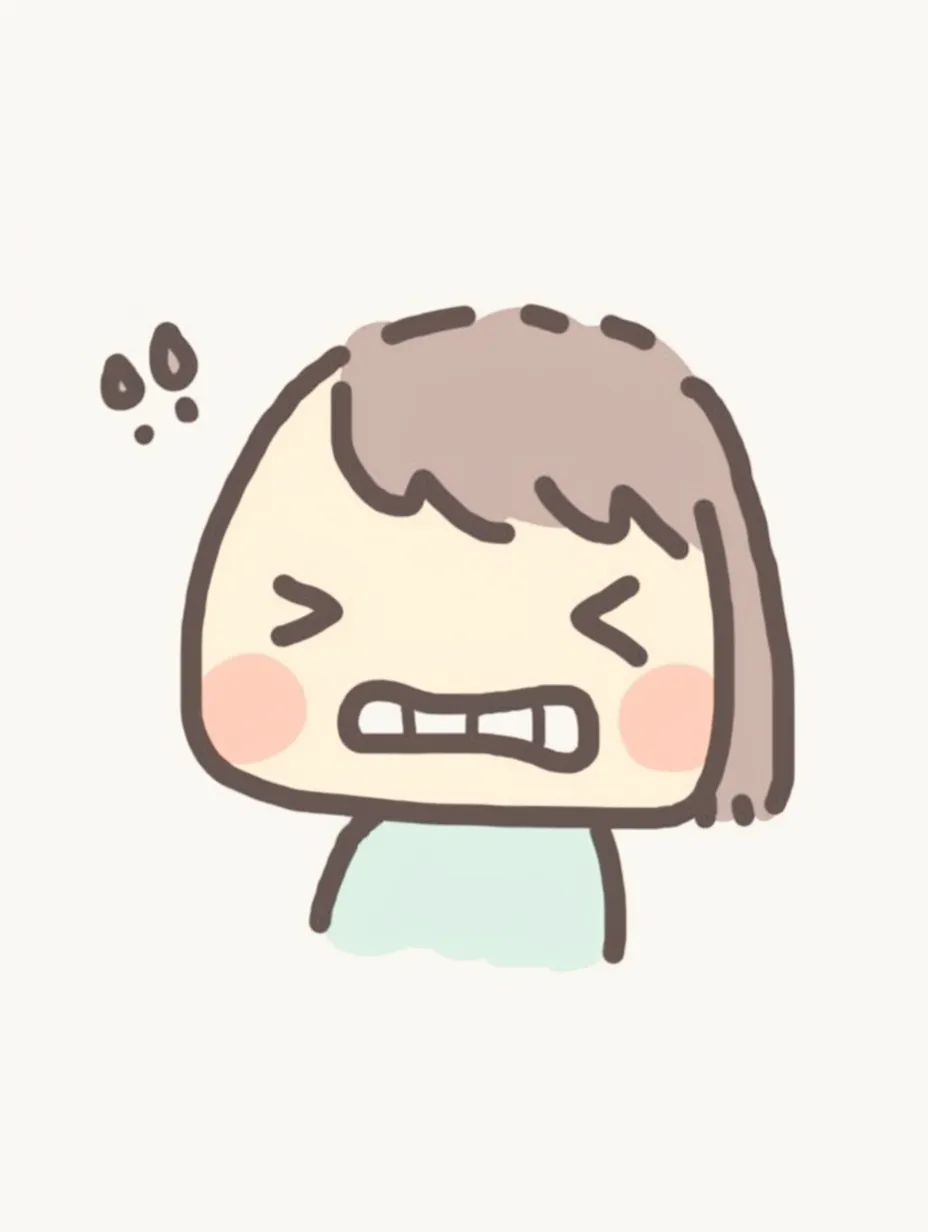悔しい顔の歯を食いしばるキャラ｜シンプルな線画で描かれたキャラクター。歯を食いしばり、眉をひそめながら悔しさをこらえる表情が印象的。悔しい顔の雰囲気を素直に表現したイラスト。
