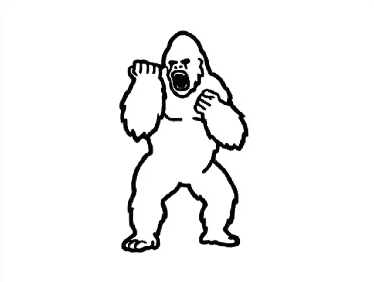 ゴリラが胸をたたく線画アイコン｜力強いポーズを取るゴリラを黒一色の輪郭線だけで構成したミニマルなデザイン。余白を活かした構成が、ゴリラのしぐさを印象的に浮かび上がらせています。