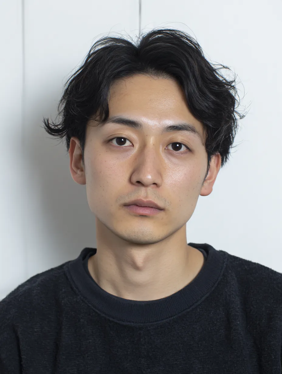 男性顔写真の静けさ｜黒の衣装に映える男性の顔写真は、無表情の中にわずかな緊張感が漂い、光沢ある肌の質感がイラストでの写実的表現を際立たせる構図となっている。