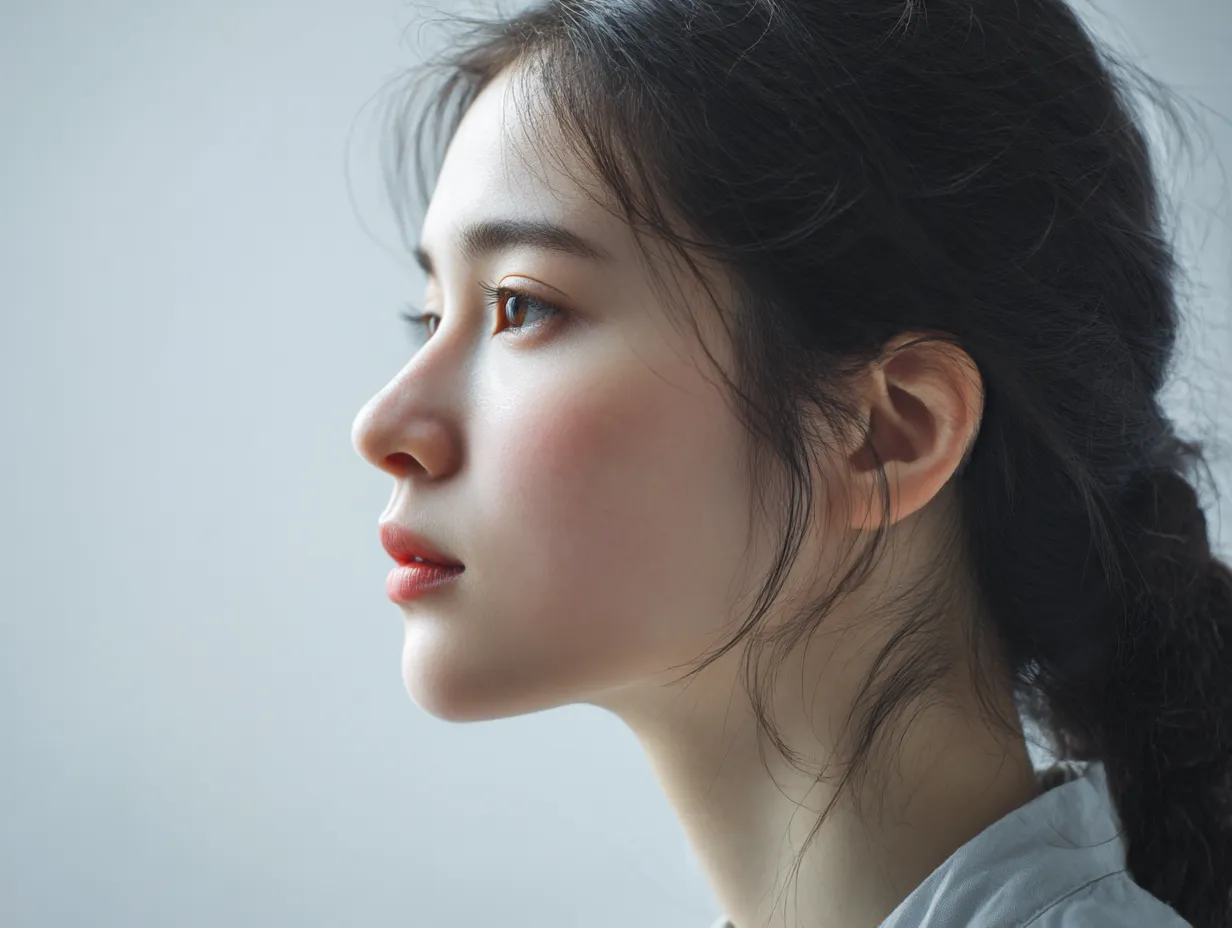 横顔美人の綺麗な静謐｜滑らかな輪郭と赤みを帯びた頬が際立つ横顔美人の綺麗な横顔は、背景の淡さと調和し、静謐な空気を映し出す表現となっている。
