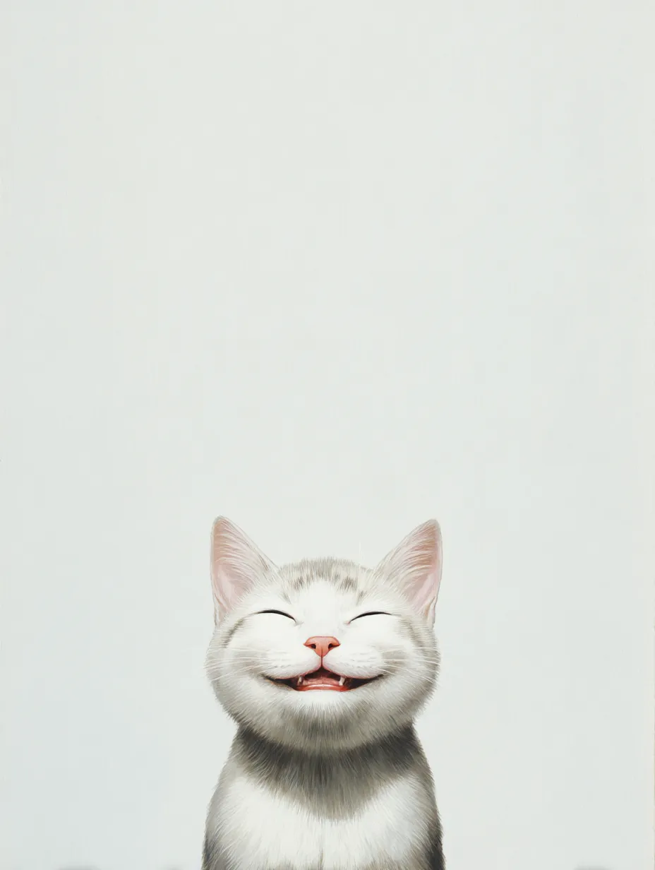 猫笑顔の純粋さ｜小さな猫の猫笑顔は目を細めた無垢な表情が魅力。白背景の余白が広がり、表情の愛らしさをより強調している構図。