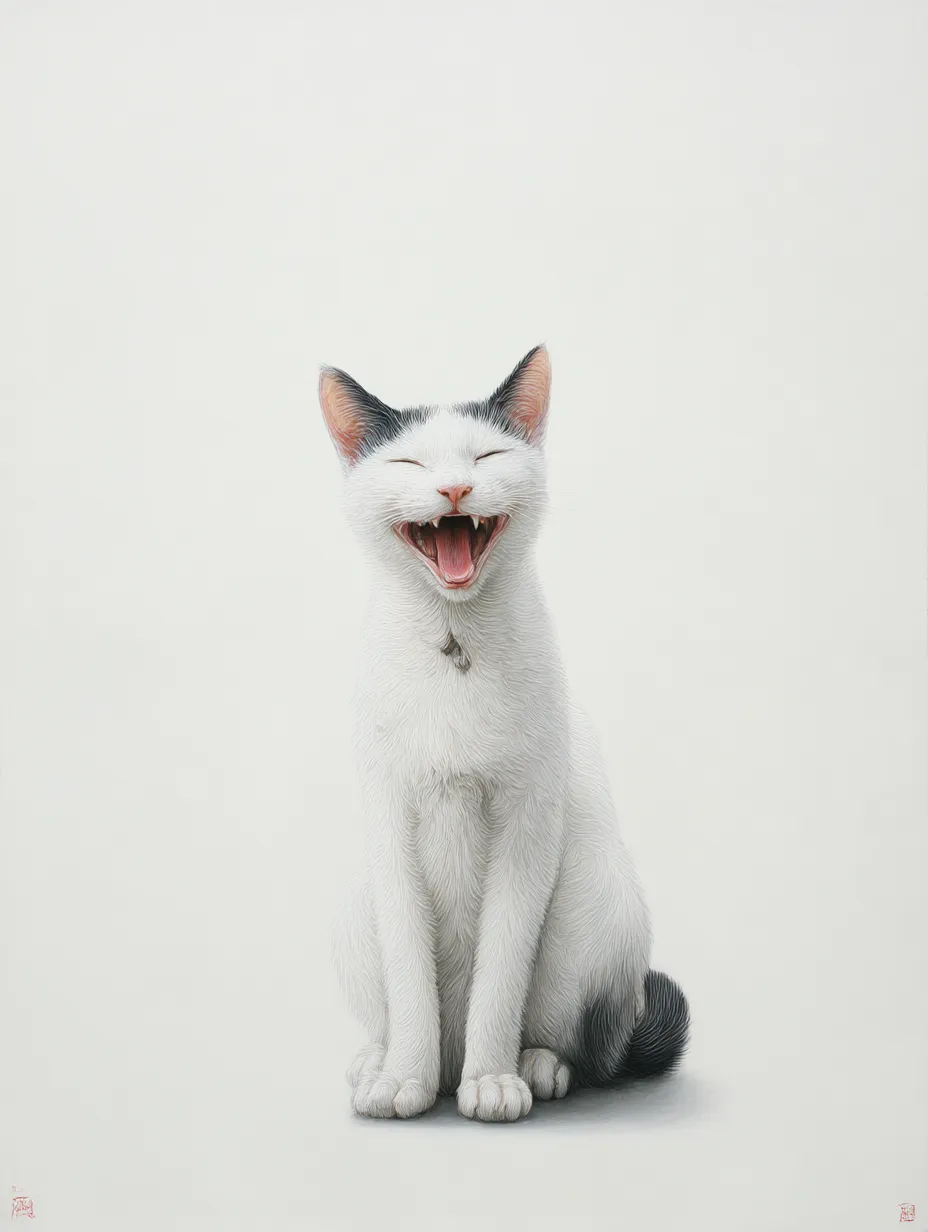 猫笑顔の明朗｜黒い耳を持つ猫の猫笑顔は大きく口を開いた姿が生き生き。シンプルな背景に鮮やかに浮かび上がり、軽快な雰囲気を生む。