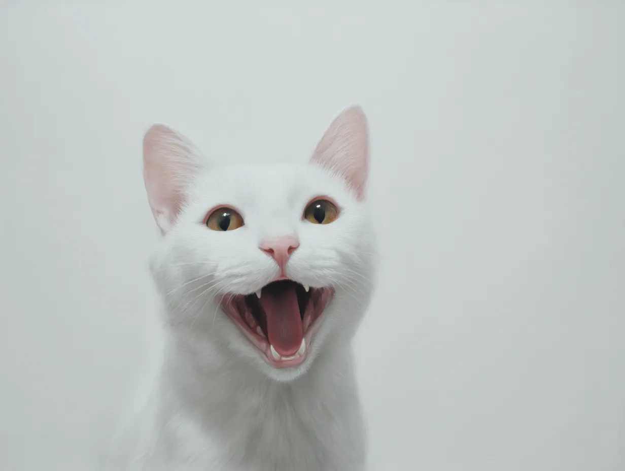 猫笑顔の溌剌｜白猫の猫笑顔は鮮やかな瞳と大きく開いた口元が印象的。背景の淡さと対照的に表情のエネルギーが前面に押し出される。