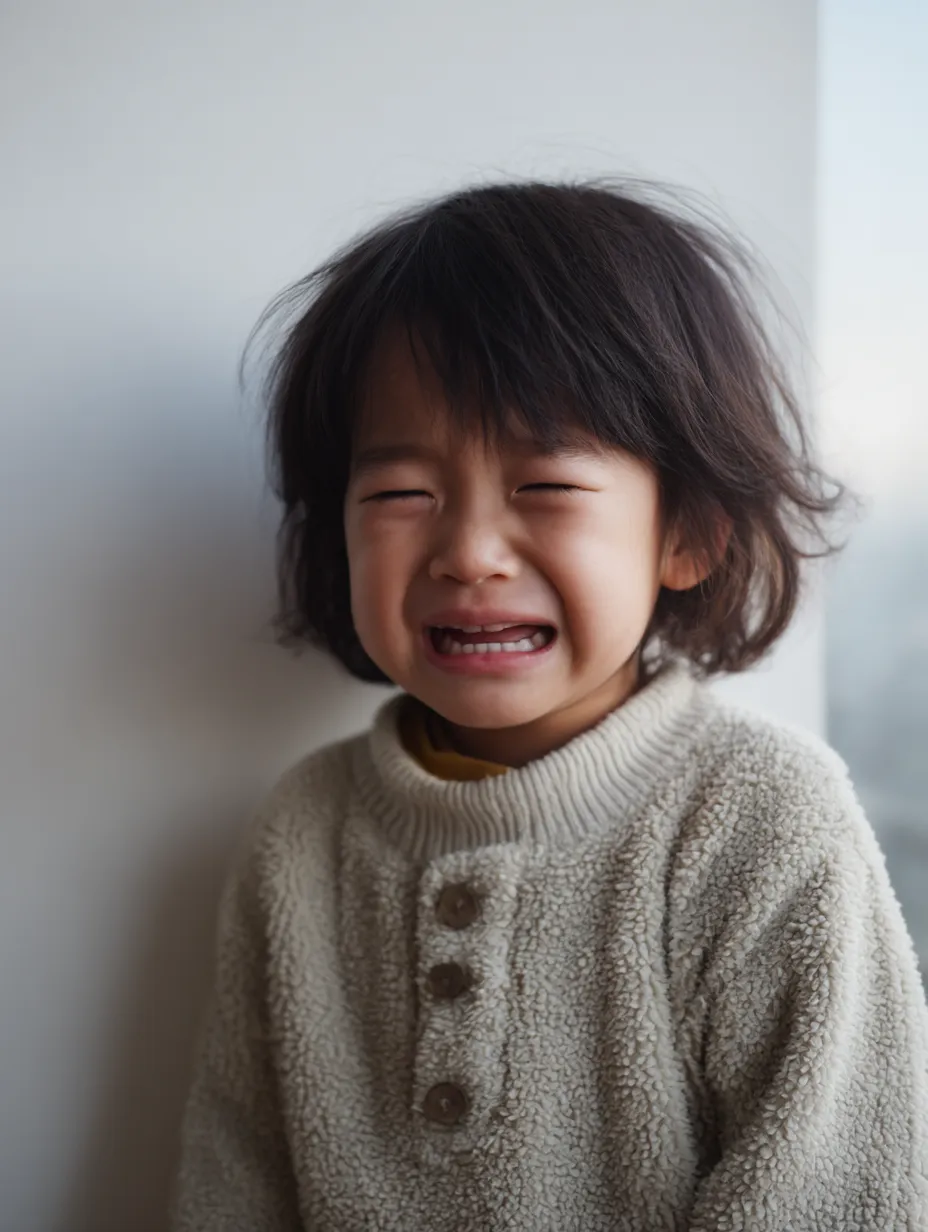 泣き顔と笑顔の対比｜子どもの泣き顔と笑顔を重ねるように捉えた構図。涙のにじむ表情と晴れやかな微笑みが並置され、感情の振れ幅が鮮明に伝わる。背景の淡さが両者の違いを際立てる。