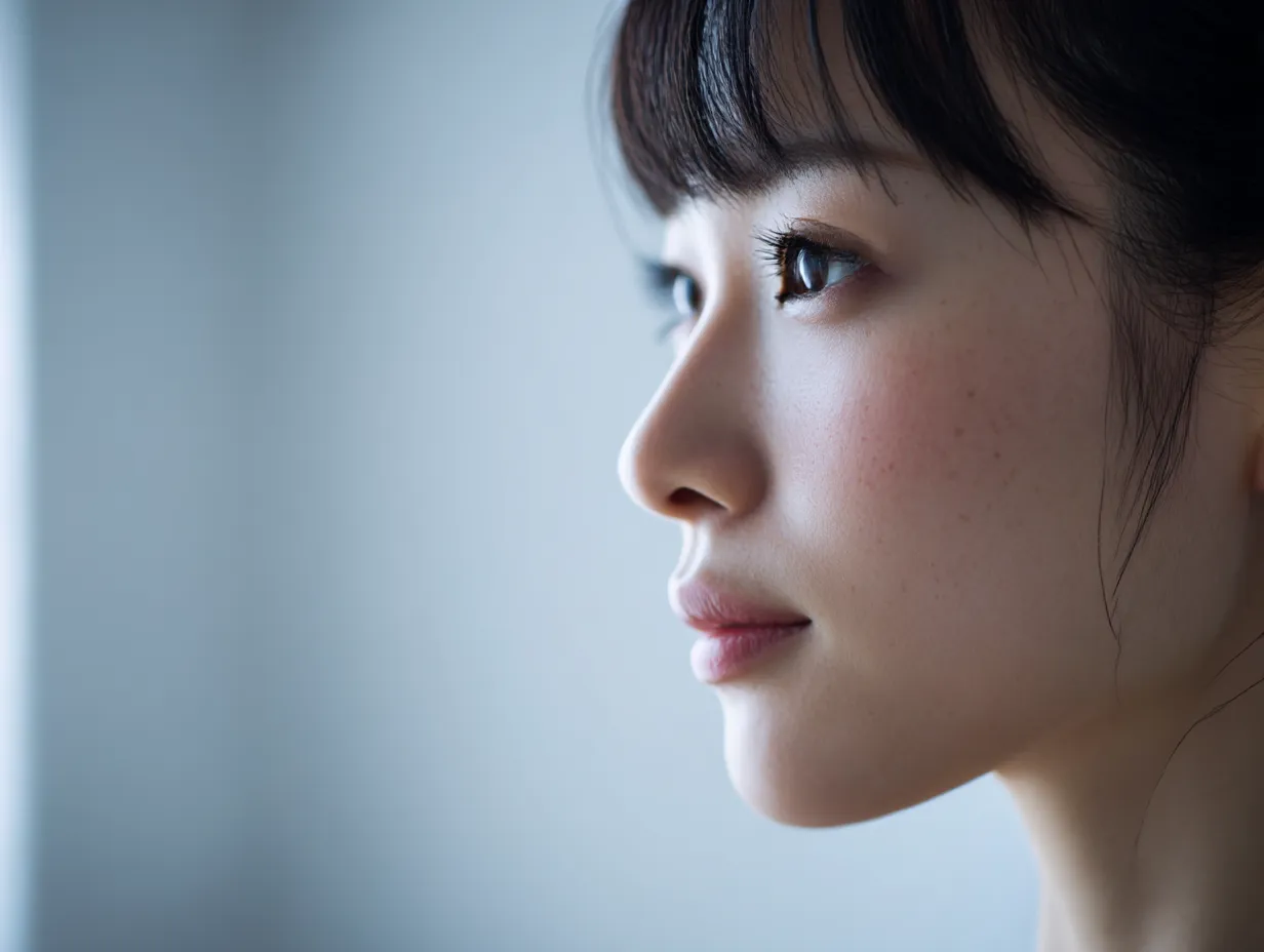 横顔美人の綺麗な視線｜まっすぐに前を見つめる横顔美人の綺麗な表情は、瞳の輝きと整った鼻筋が強調され、構図全体に凛とした印象を与えている。