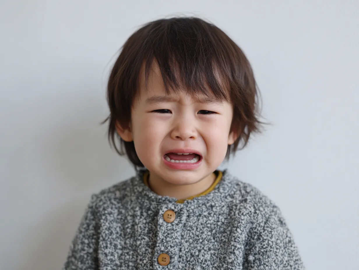 泣き顔と笑顔の輪郭｜泣き顔の力強い眉と笑顔の緩やかな眼差しが同じ顔に収められる。強弱のある表情の描写が、子どもの生命感と感情の幅を豊かに表している。