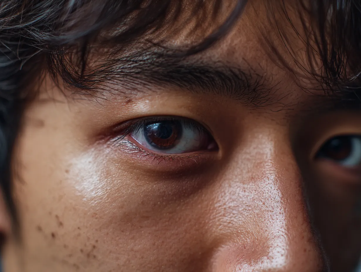 鋭さを映す目｜男性の目元を大きく切り取った構図で、光を反射する瞳が強さを放つ。肌の質感や影がリアルに重なり、緊張感を孕んだ眼差しが画面を支配している。