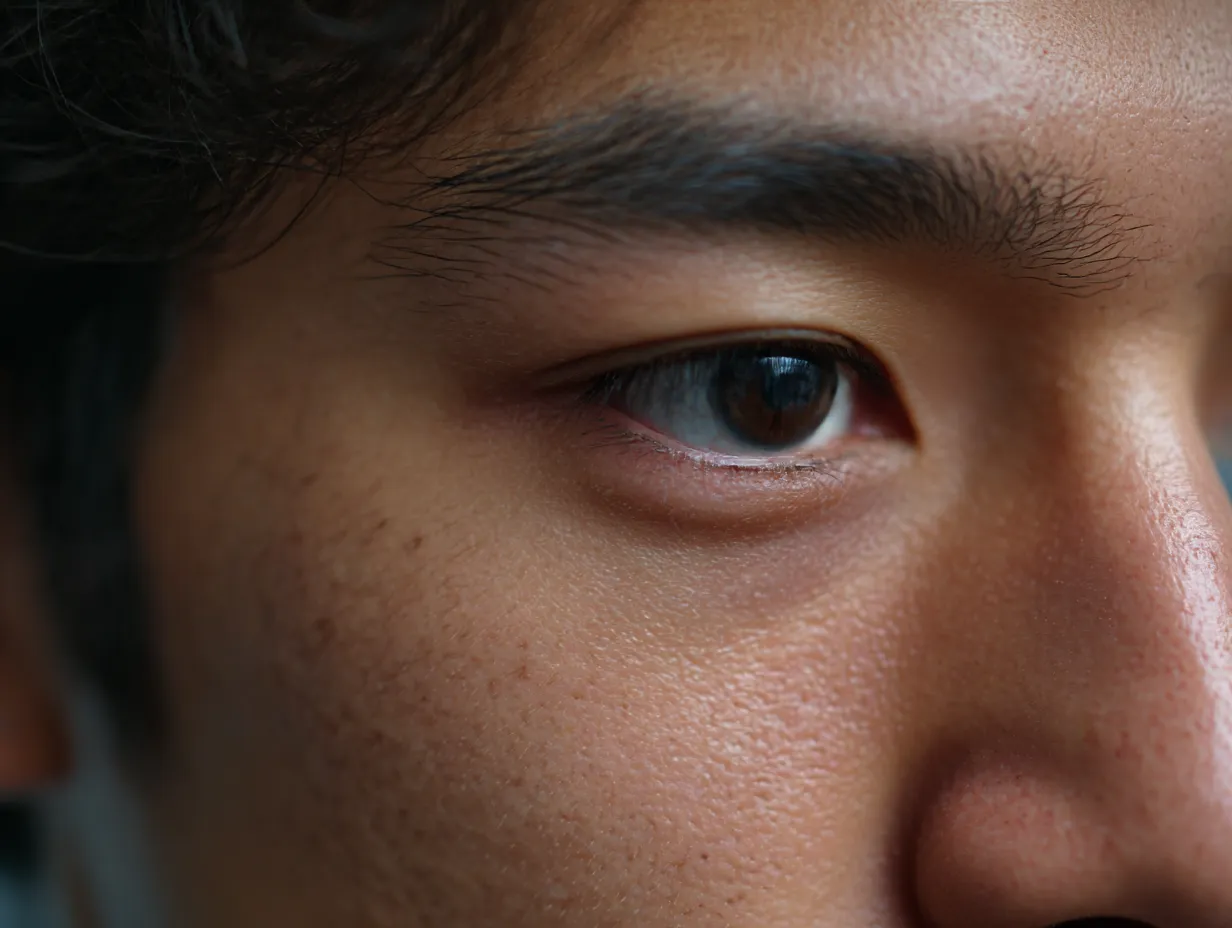 静かに佇む目｜男性の横顔をとらえた構図で、目は落ち着きと柔らかさを示す。陰影が頬と瞳を優しくつなぎ、自然な空気感の中に静謐な印象を漂わせている。