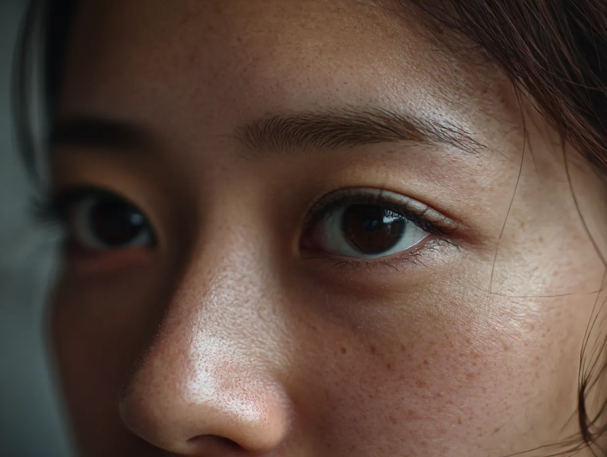 透明感ある目｜女性の瞳が正面から切り取られ、柔らかな光を映す。頬に散るそばかすと滑らかな肌が奥行きを与え、素朴でありながら澄んだ眼差しを見せている。