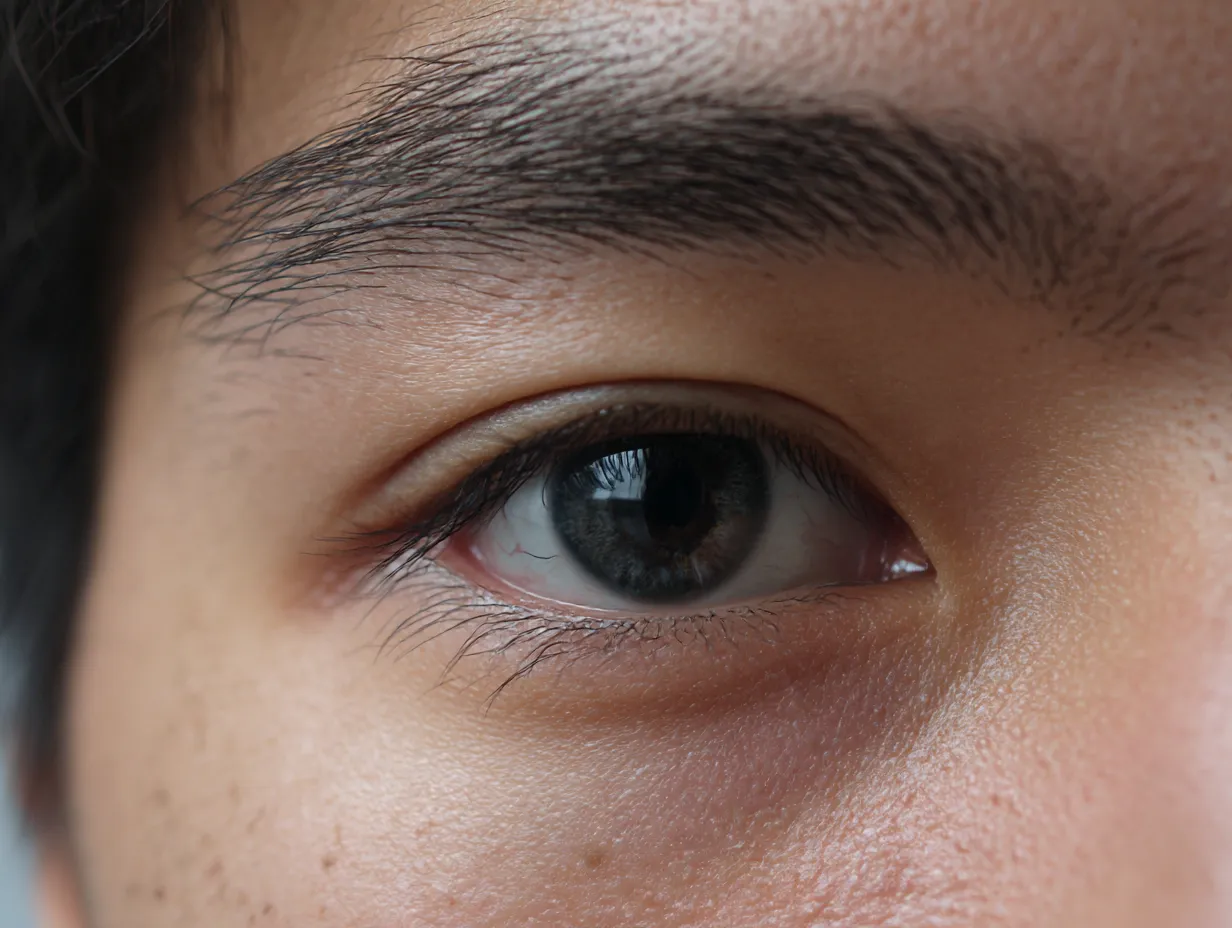 深さを秘めた目｜男性の目がクローズアップされ、黒に近い瞳の奥に光が沈む。眉やまつ毛の線が鋭く、肌の陰影とともに秘めた強さを静かに語っている。
