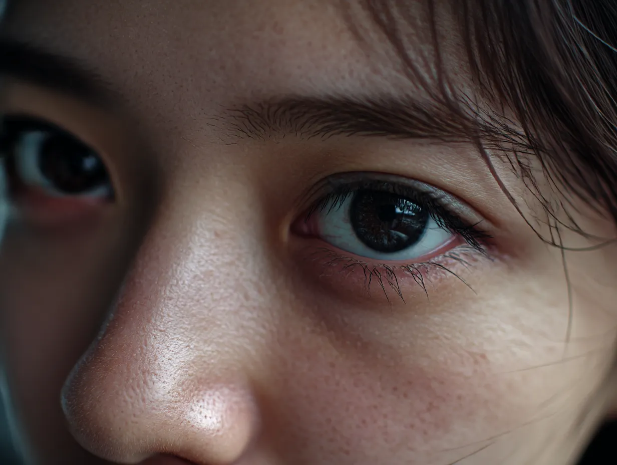 憂いを帯びた目｜女性の目は光を吸い込みながら伏し目がちにとらえられ、ほのかな赤みが感情を示す。髪の乱れや影が重なり、複雑な心情を匂わせる表現となっている。