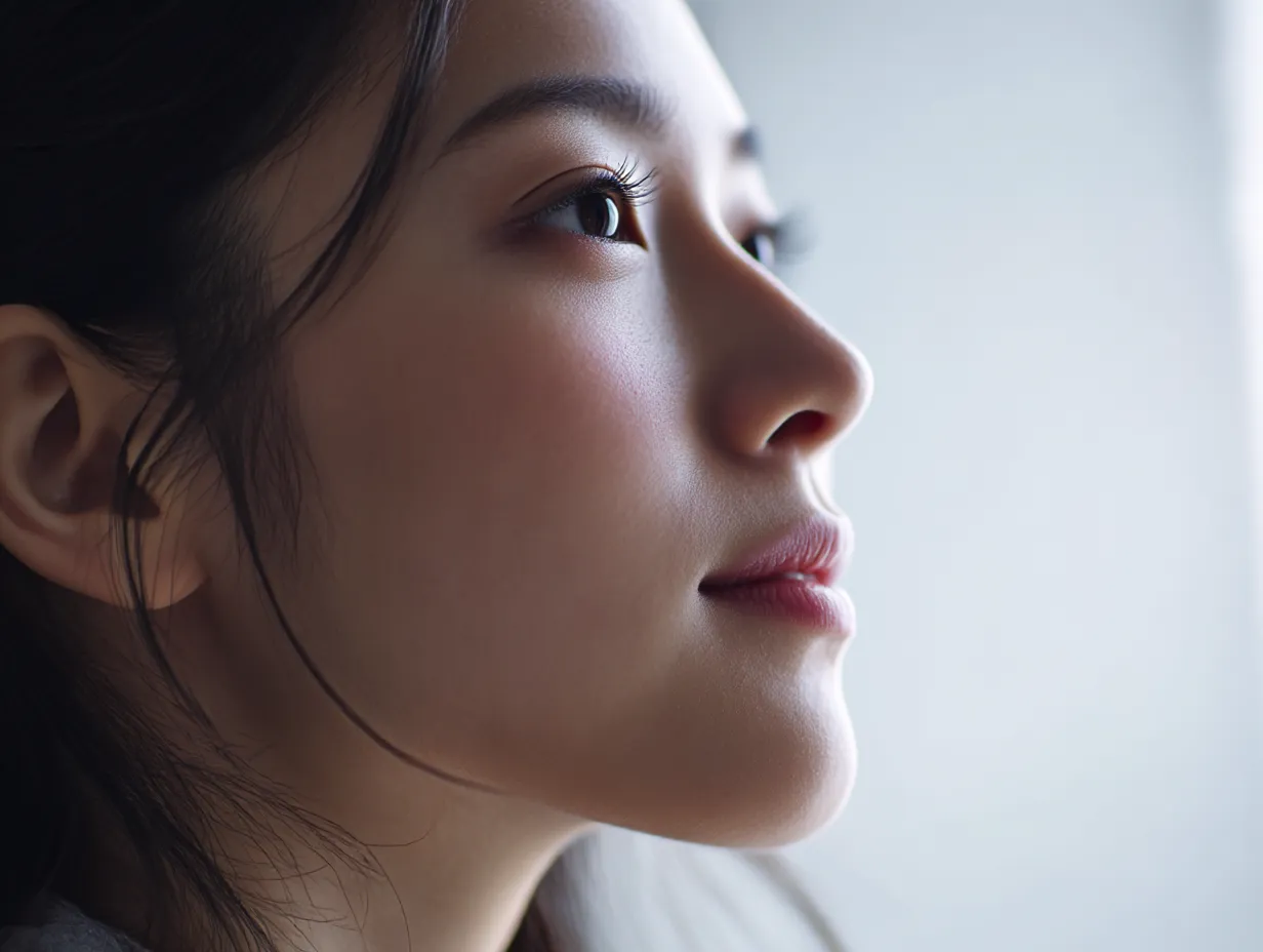 横顔美人の綺麗な光彩｜光に照らされる頬と唇が柔らかく輝く横顔美人の綺麗な姿は、繊細なまつげの影がアクセントとなり、光彩の表現を引き立てている。