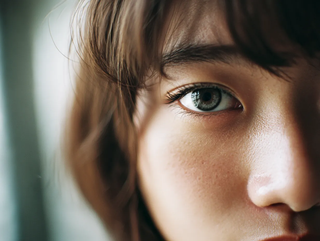 窓辺に佇むグレー目｜光が差し込む窓辺で捉えられた女性のグレー目は、静かな情緒を漂わせる。髪の隙間から覗く瞳は淡い陰影と共鳴し、内面の物語を感じさせる表情を生み出している。