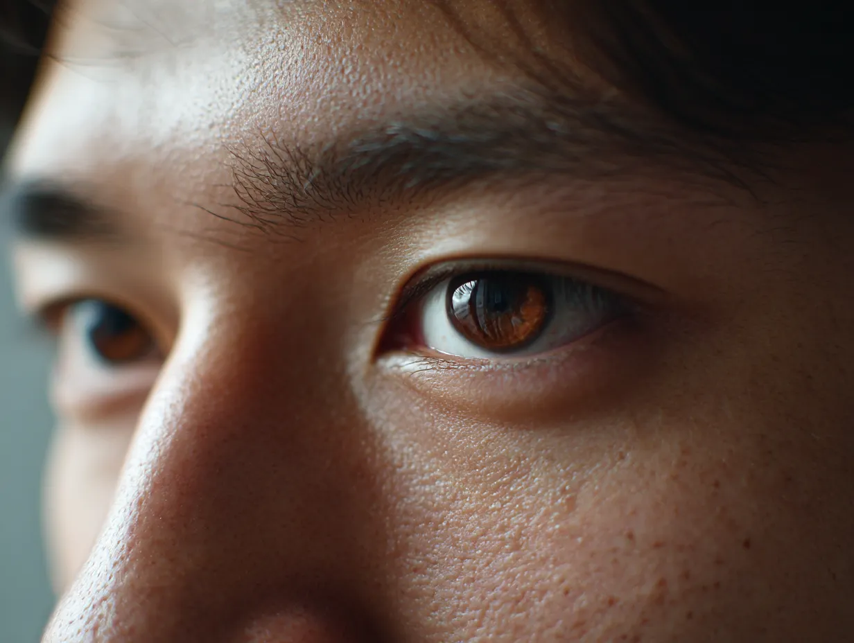 窓辺を見つめる茶色目｜斜めから捉えた男性の茶色目は、窓辺の光を映し込みながら奥行きを強調する。輪郭の柔らかな影と瞳の深い色合いが重なり、自然な存在感を描き出している。