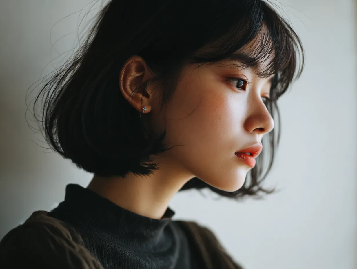 横顔美人の綺麗な陰影｜短めの髪が顔に影を落とす横顔美人の綺麗な姿は、赤い唇との対比が鮮やかで、陰影の奥行きが印象的な仕上がりを見せている。