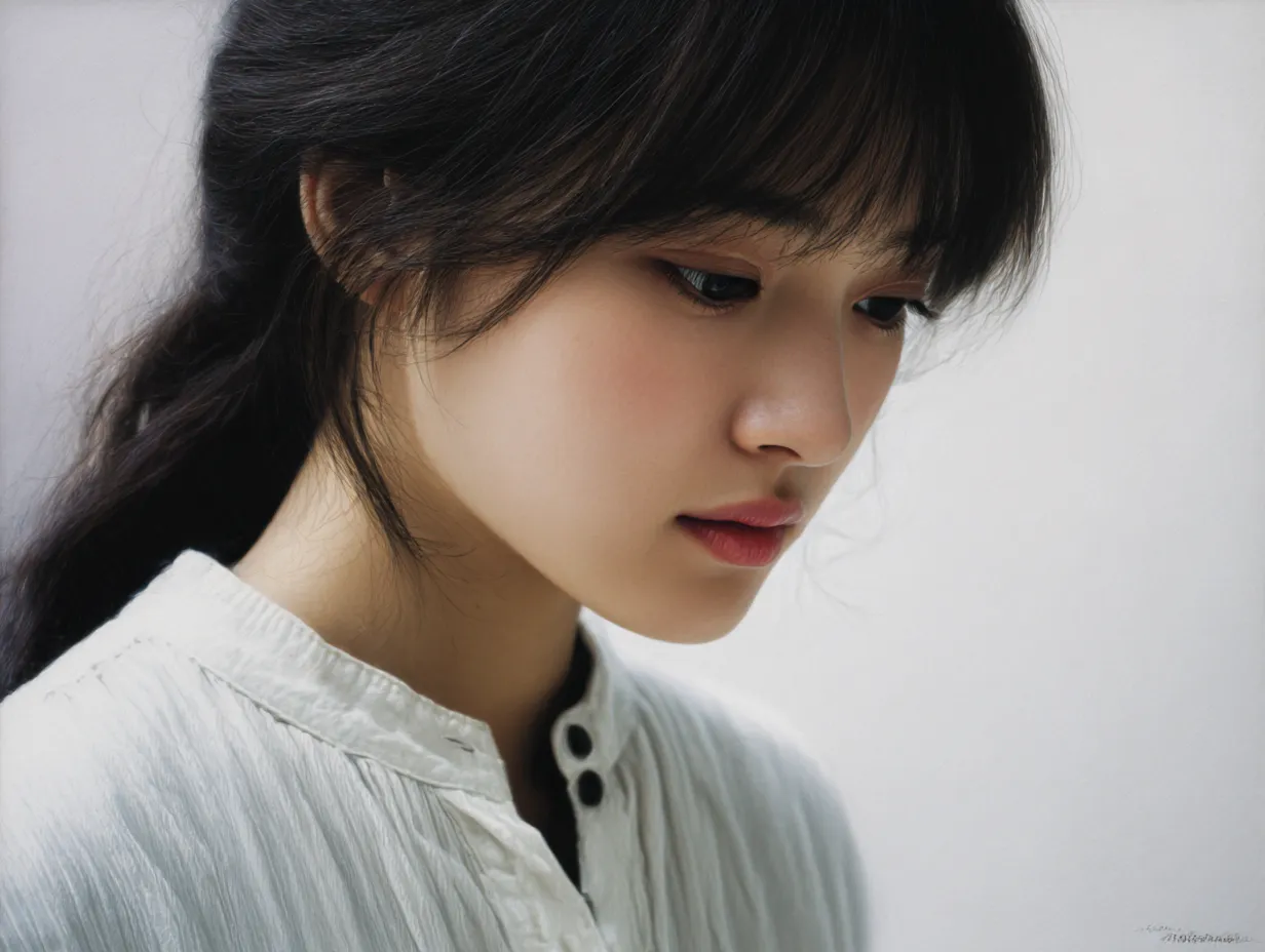 横顔美人の綺麗な沈思｜伏し目がちな表情をとらえた横顔美人の綺麗な横顔は、控えめな唇と柔らかな輪郭が調和し、静かな思索を感じさせる表現となっている。
