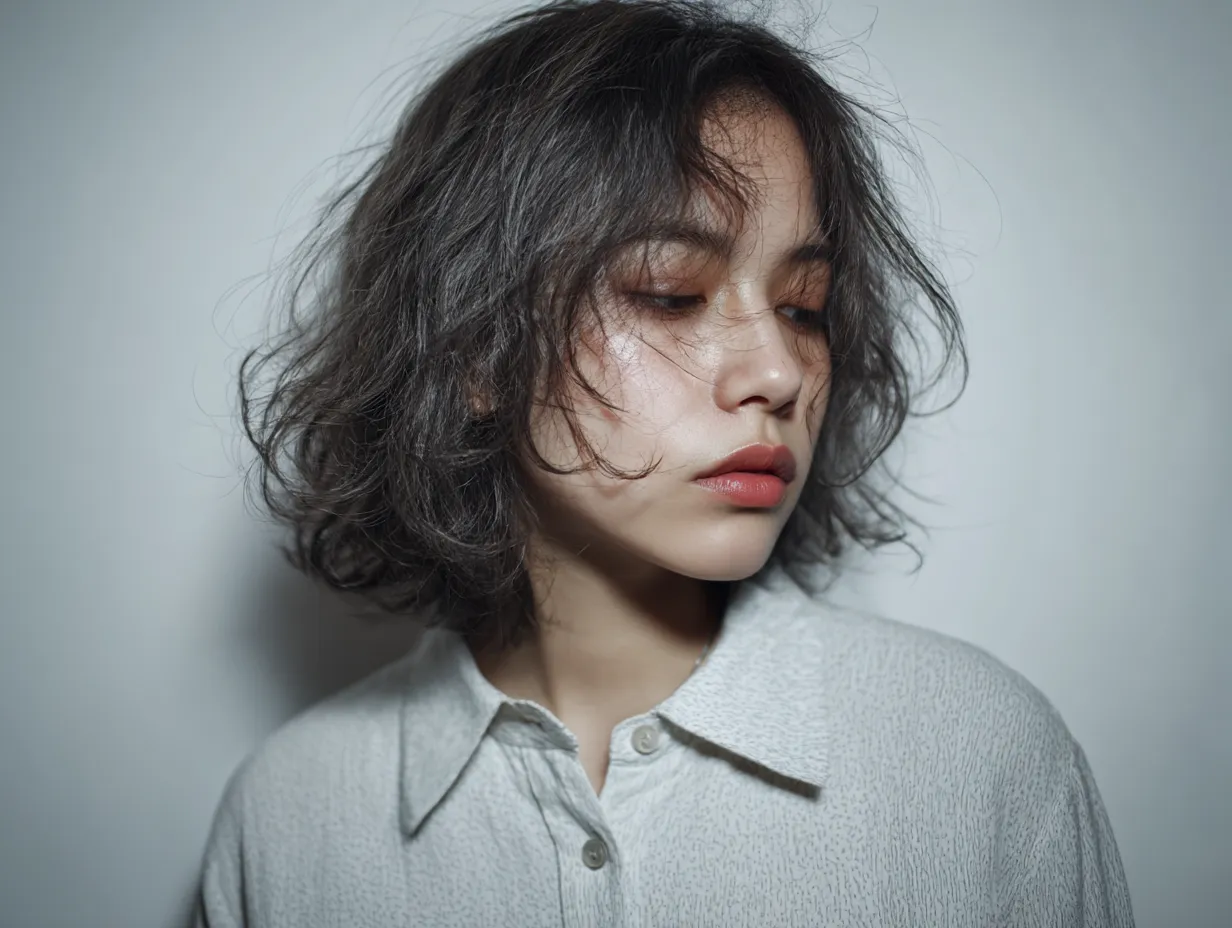 影を帯びたボサボサ髪｜乱れた髪が女性の顔に柔らかい影を落とし、視線を伏せた表情をより繊細に映す。落ち着いた色調が、ボサボサ髪の質感を一層際立たせている。