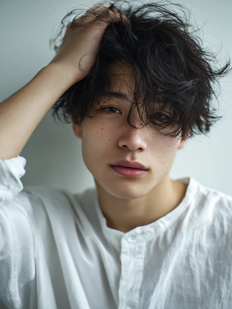 髪をかきあげる眼差し｜乱れた前髪をかきあげ、正面から視線を送る男性の表情が鮮烈に映る。光に照らされた肌の質感と陰影のコントラストが、存在感を一層引き立てている。
