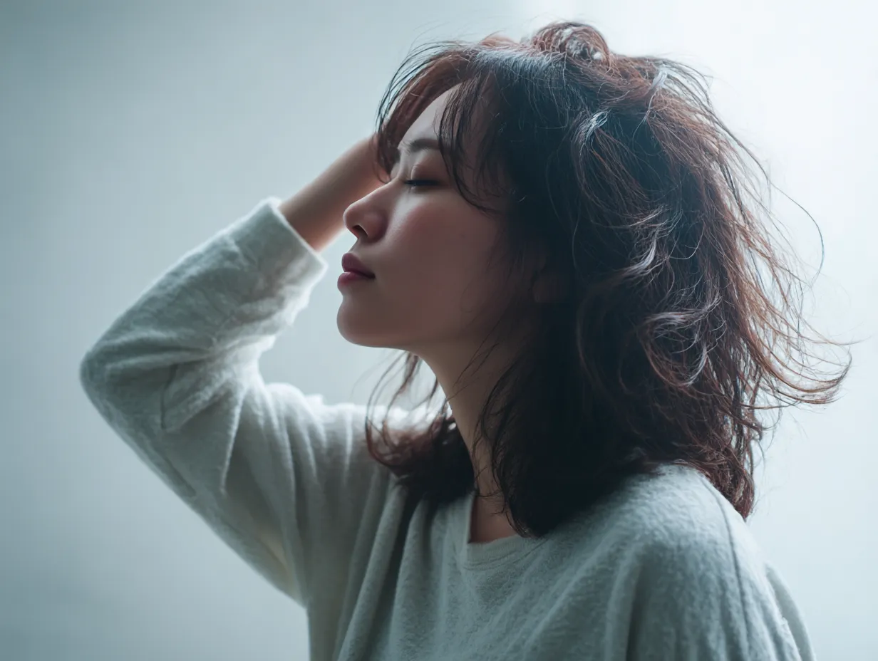 髪をかきあげる横顔｜女性が横顔を見せながら髪をかきあげる姿が、柔らかな逆光の中で浮かぶ。閉じた瞳と穏やかな表情が、静謐で内面的な美しさを際立たせている。