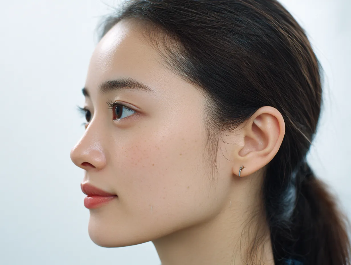 横顔美人の綺麗な清澄｜透き通る肌と耳飾りが映える横顔美人の綺麗な輪郭は、淡い背景との対比で清澄な印象を際立たせ、透明感ある雰囲気を生んでいる。