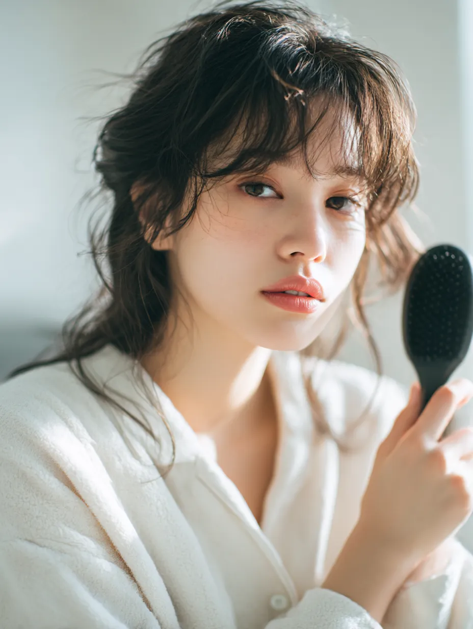朝の光で髪をとかす｜柔らかな朝の光を受け、女性がゆったりと髪をとかす姿が印象的に映る。白い衣服の清潔感と繊細な表情が、日常の中に潜む美しさを際立たせている。
