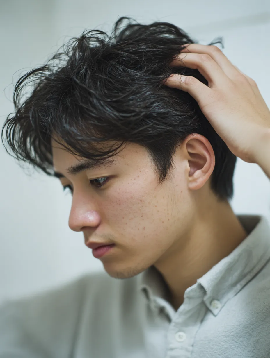 伏し目で髪を触る男性｜下を向いた男性が髪を触る姿は、淡い光の中で静けさを漂わせる。肌の質感や目元の陰影がリアルに表現され、内面的な思索を映すかのように構成されている。