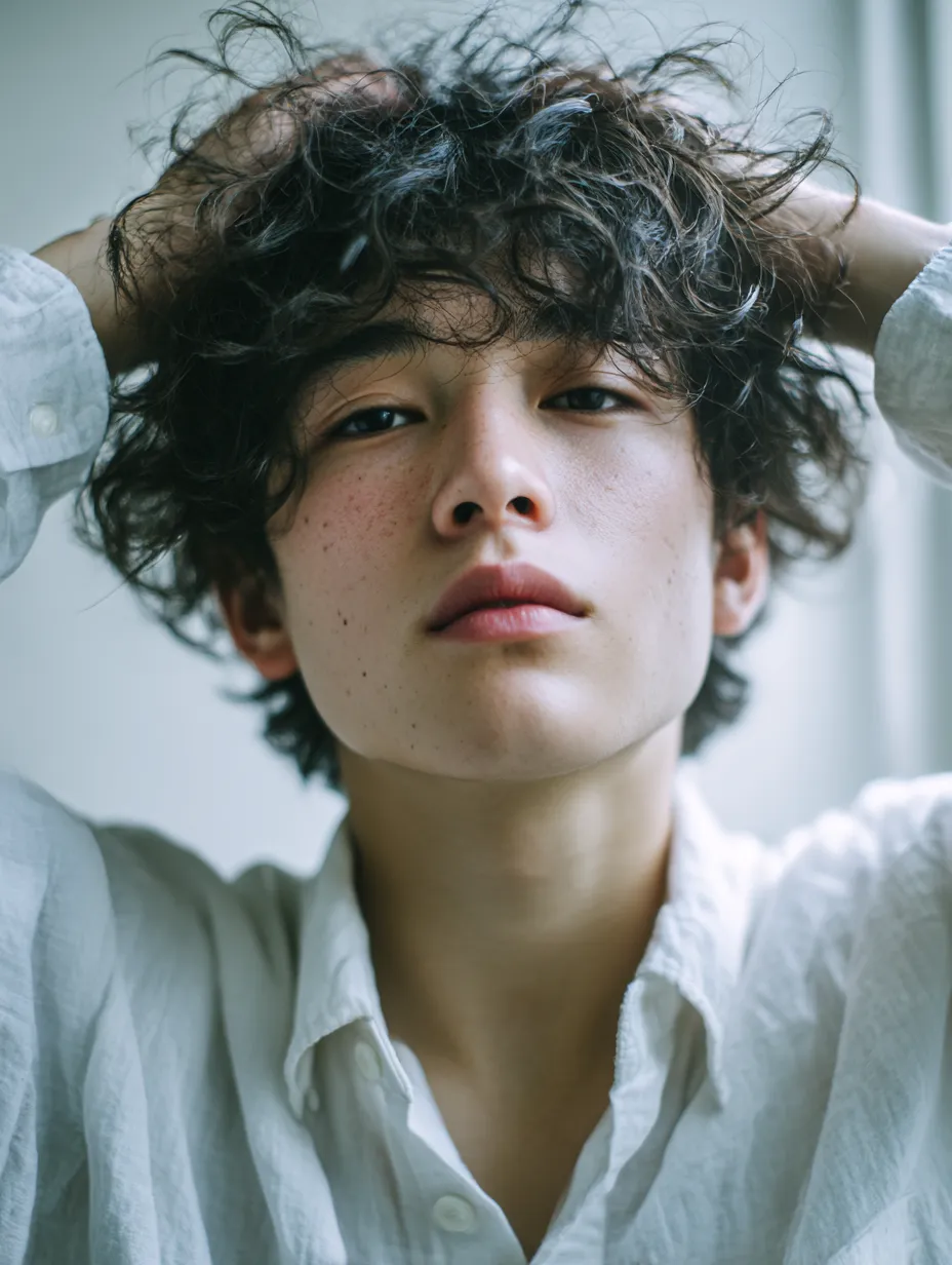 正面で髪を触る男性｜正面を見据えた男性が両手で髪を触る姿が印象的に切り取られる。逆光気味の柔らかな光が輪郭を際立たせ、若さと曖昧な強さが同居する雰囲気を演出している。