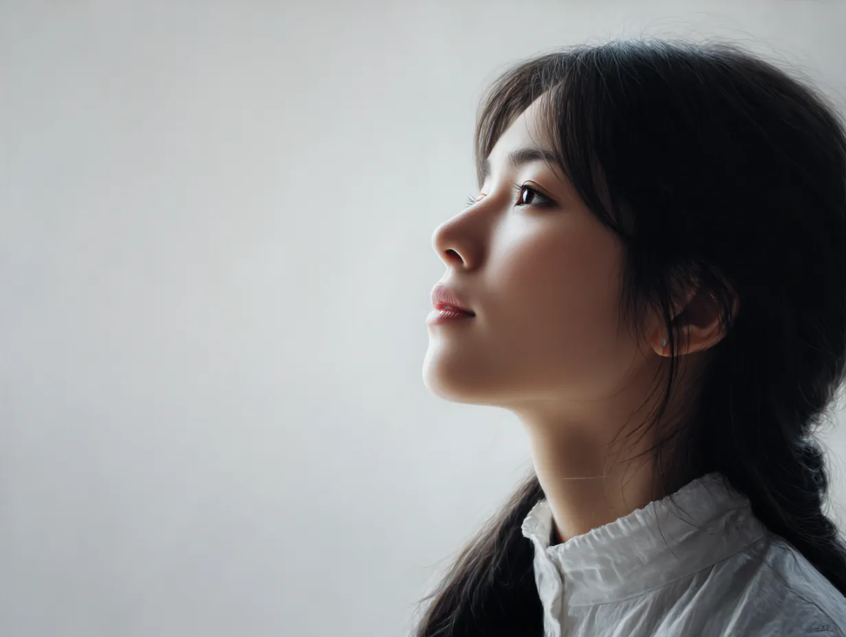 横顔美人の綺麗な調和｜上向きの視線と白い衣装が一体となる横顔美人の綺麗な姿は、背景の余白が広がりを生み、構図全体に調和を感じさせている。