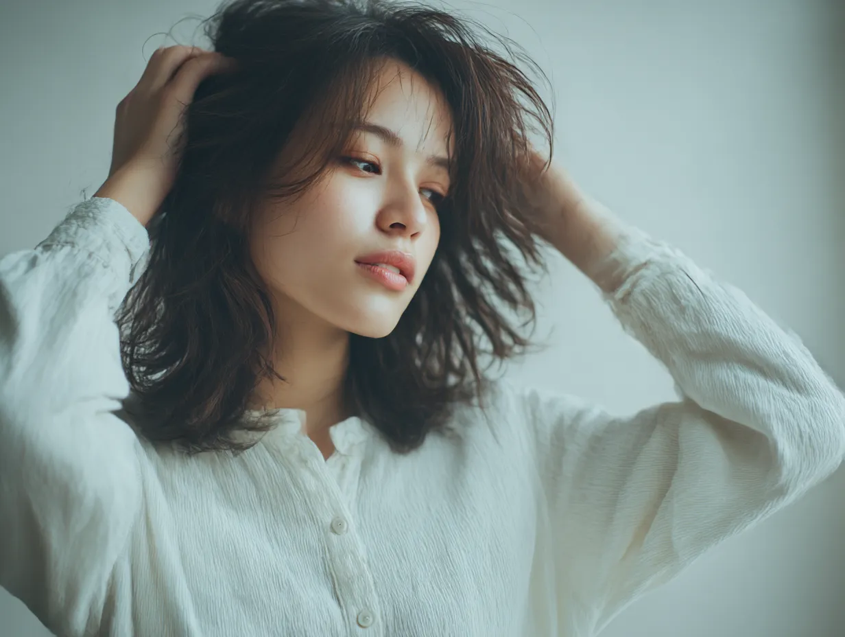 横顔で髪を触る女性｜横を向いた女性が自然に髪を触る姿が、淡い色調の背景と調和する。緩やかな口元のラインと揺れる髪の動きが、柔らかさと静かな余裕を際立たせている。